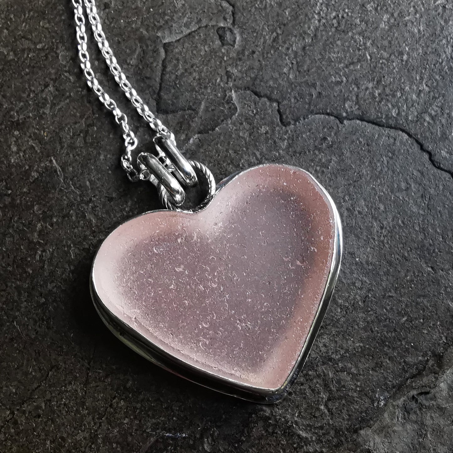 Scottish large soft pink sea glass heart & sterling silver pendant.