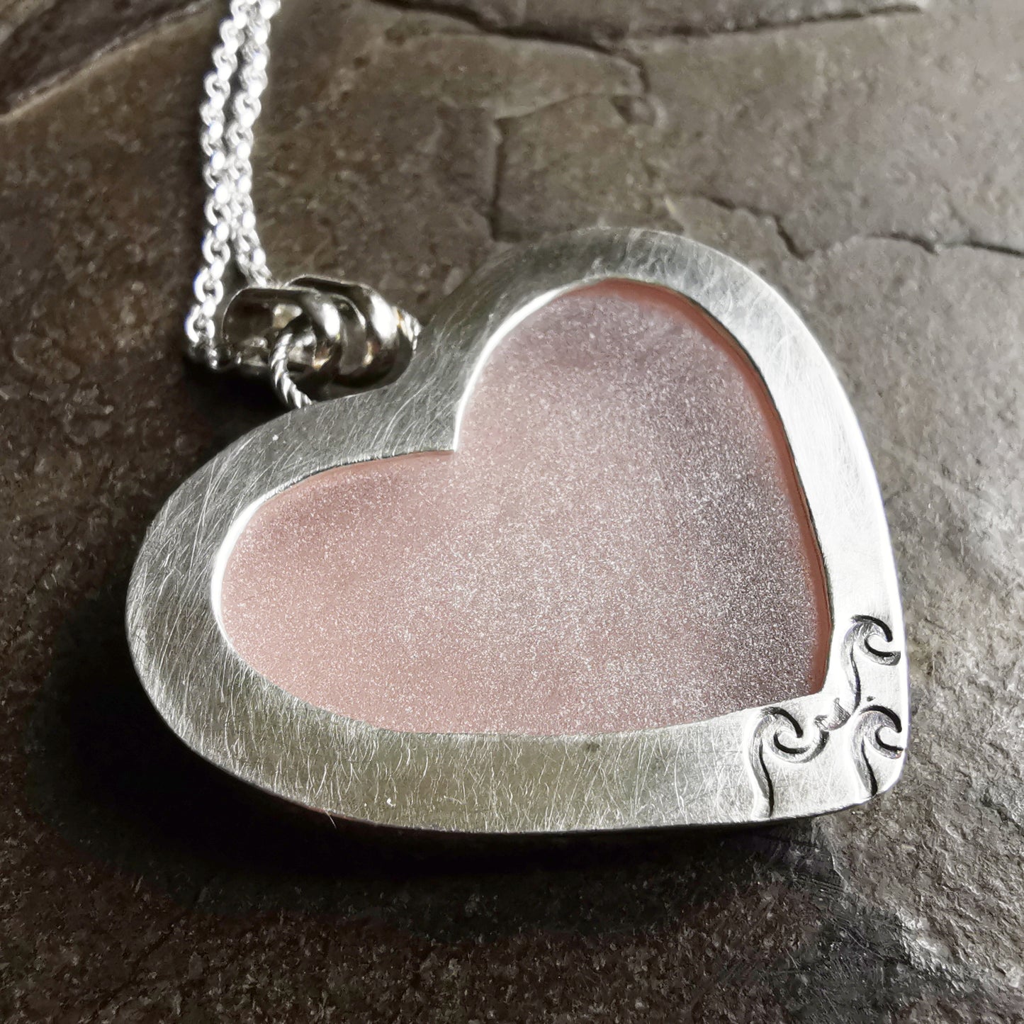 Scottish large soft pink sea glass heart & sterling silver pendant.