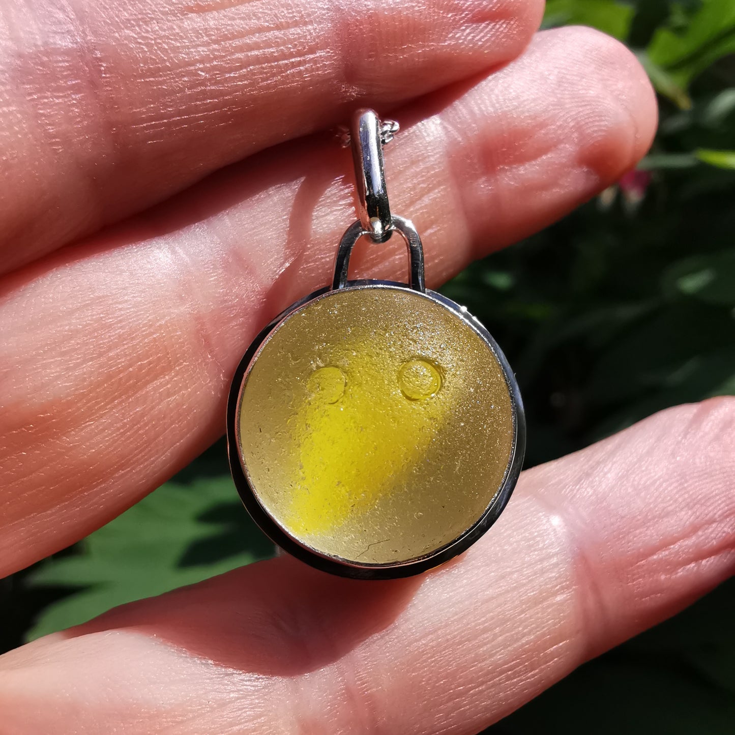 Scottish partial yellow sea glass marble & sterling silver pendant.