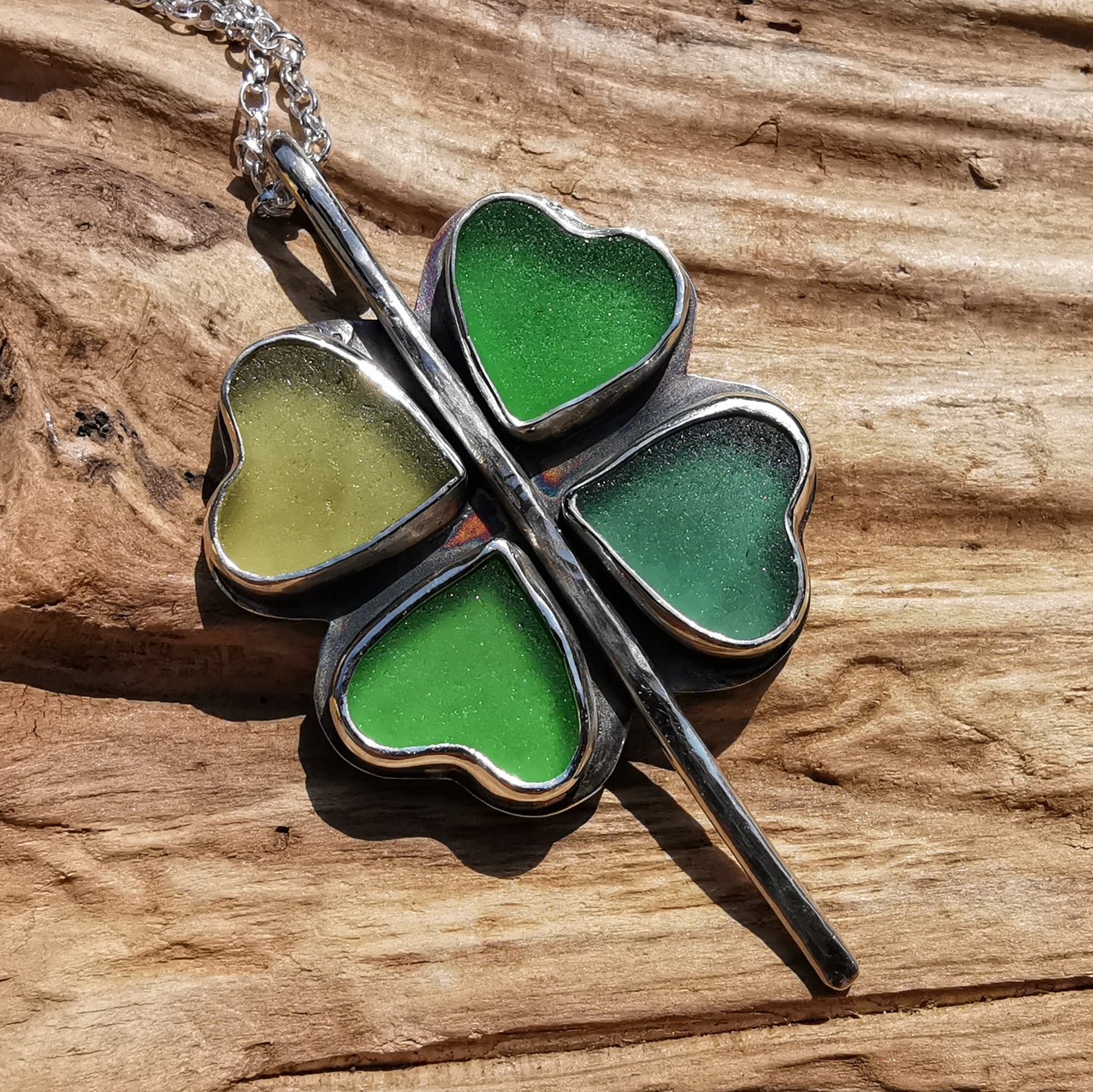 Four leaf clover 'good luck' sea glass hearts & sterling silver pendant.