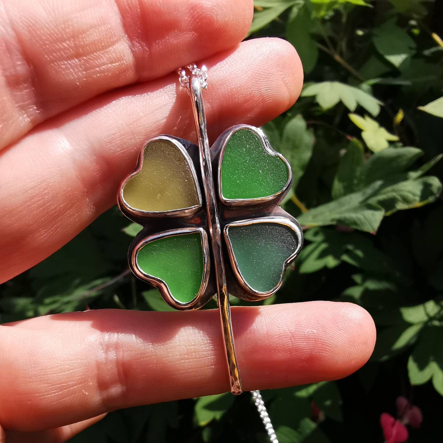 Four leaf clover 'good luck' sea glass hearts & sterling silver pendant.