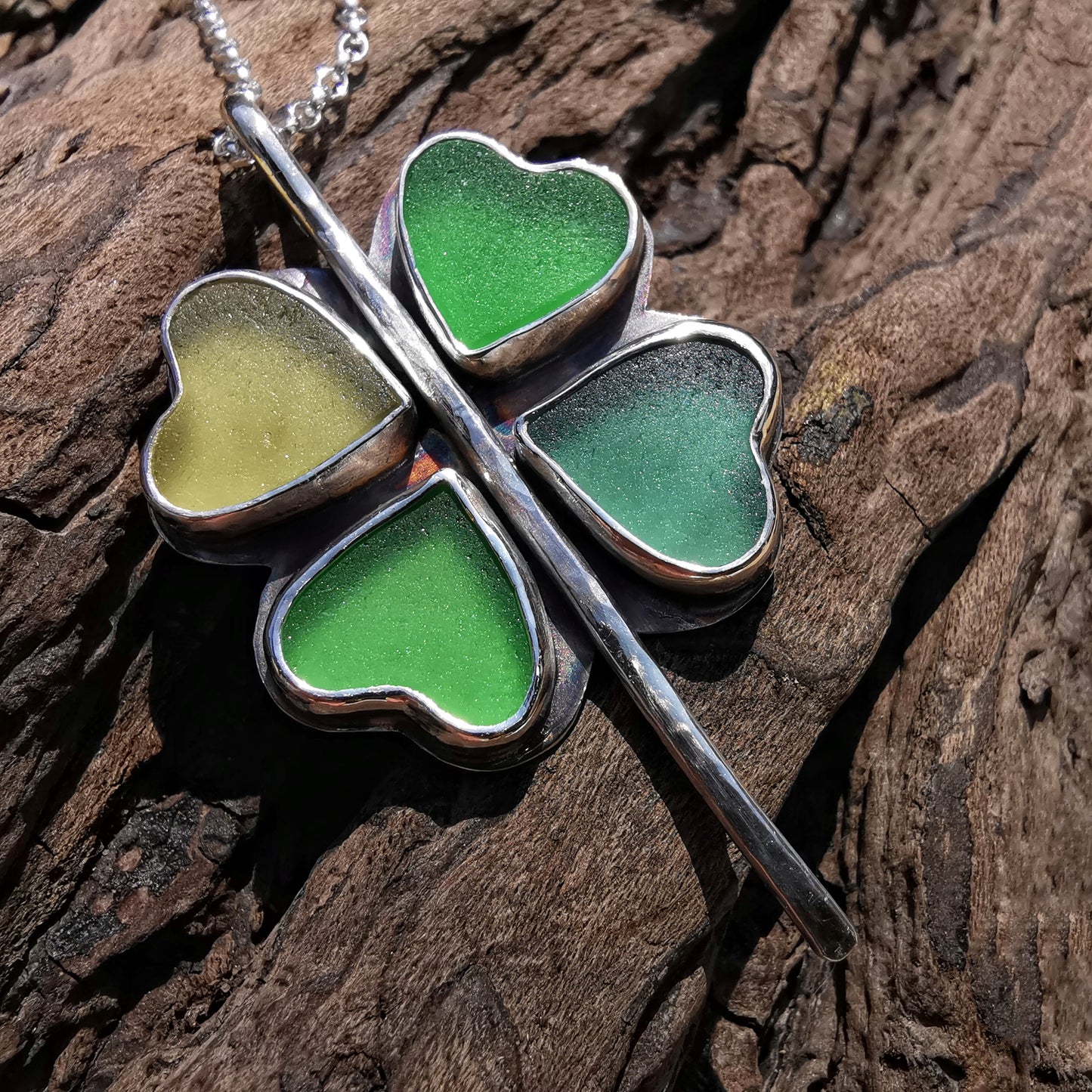 Four leaf clover 'good luck' sea glass hearts & sterling silver pendant.