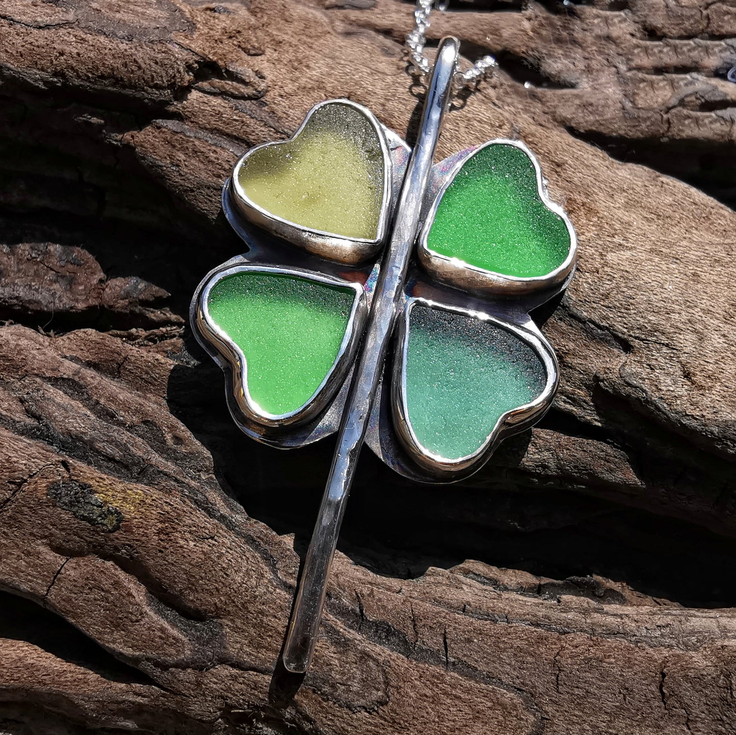 Four leaf clover 'good luck' sea glass hearts & sterling silver pendant.