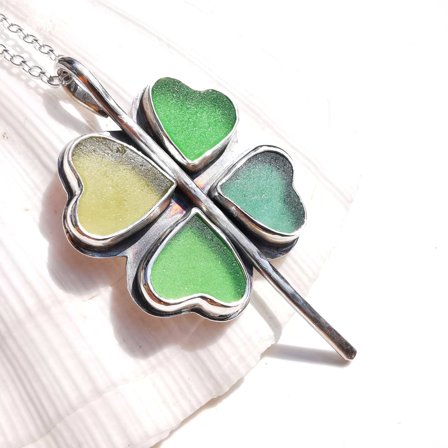 Four leaf clover 'good luck' sea glass hearts & sterling silver pendant.