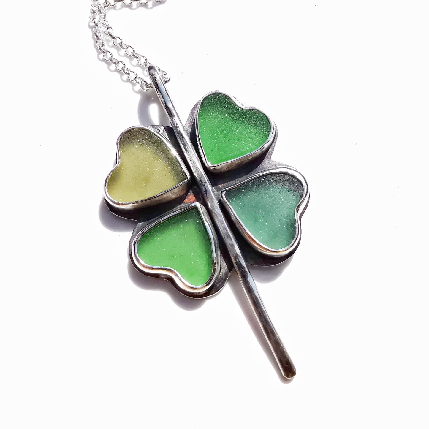 Four leaf clover 'good luck' sea glass hearts & sterling silver pendant.