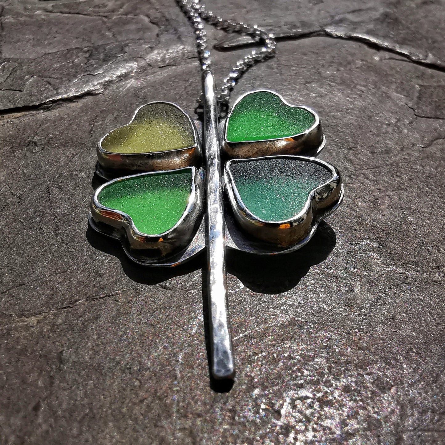 Four leaf clover 'good luck' sea glass hearts & sterling silver pendant.