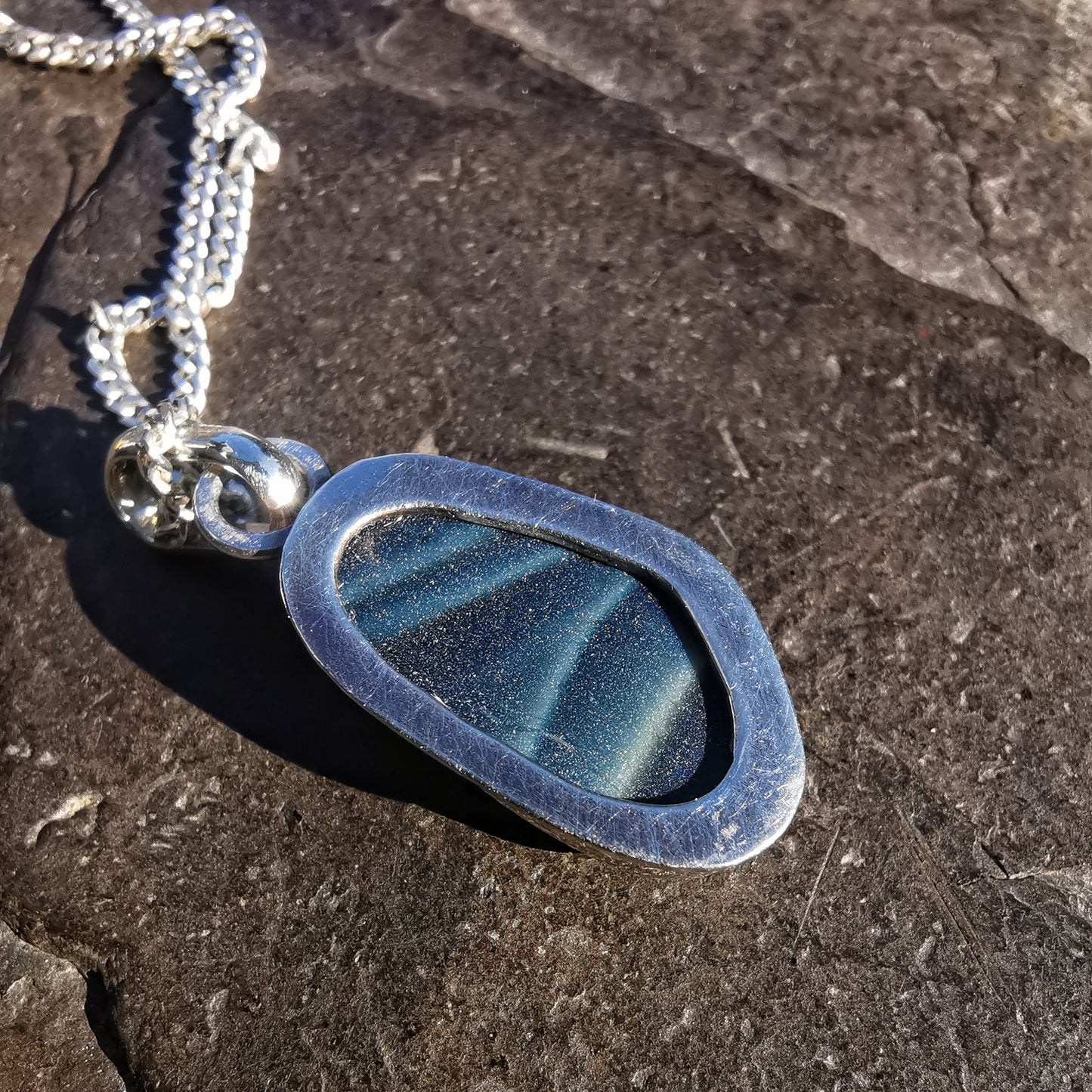 Seaham multi slag sea glass & sterling silver pendant.