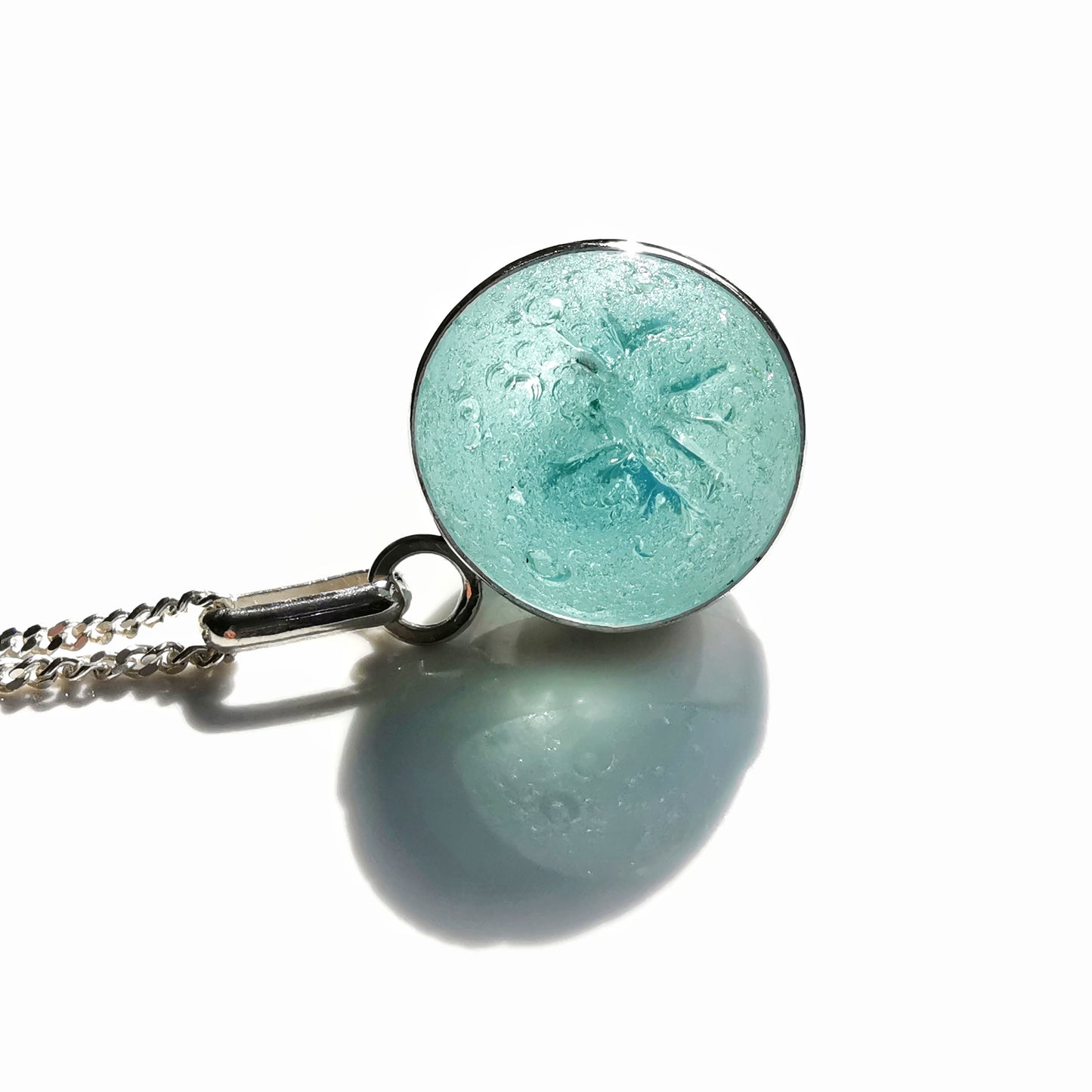 Scottish light aqua blue sea glass marble & sterling silver pendant.