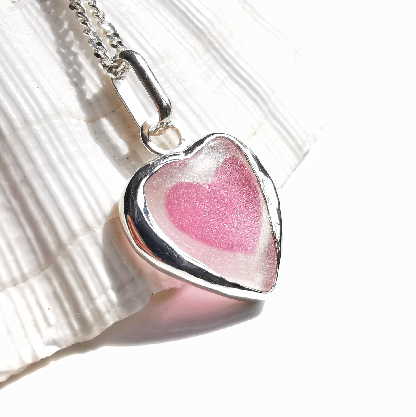 Scottish pink sea glass heart & sterling silver pendant.