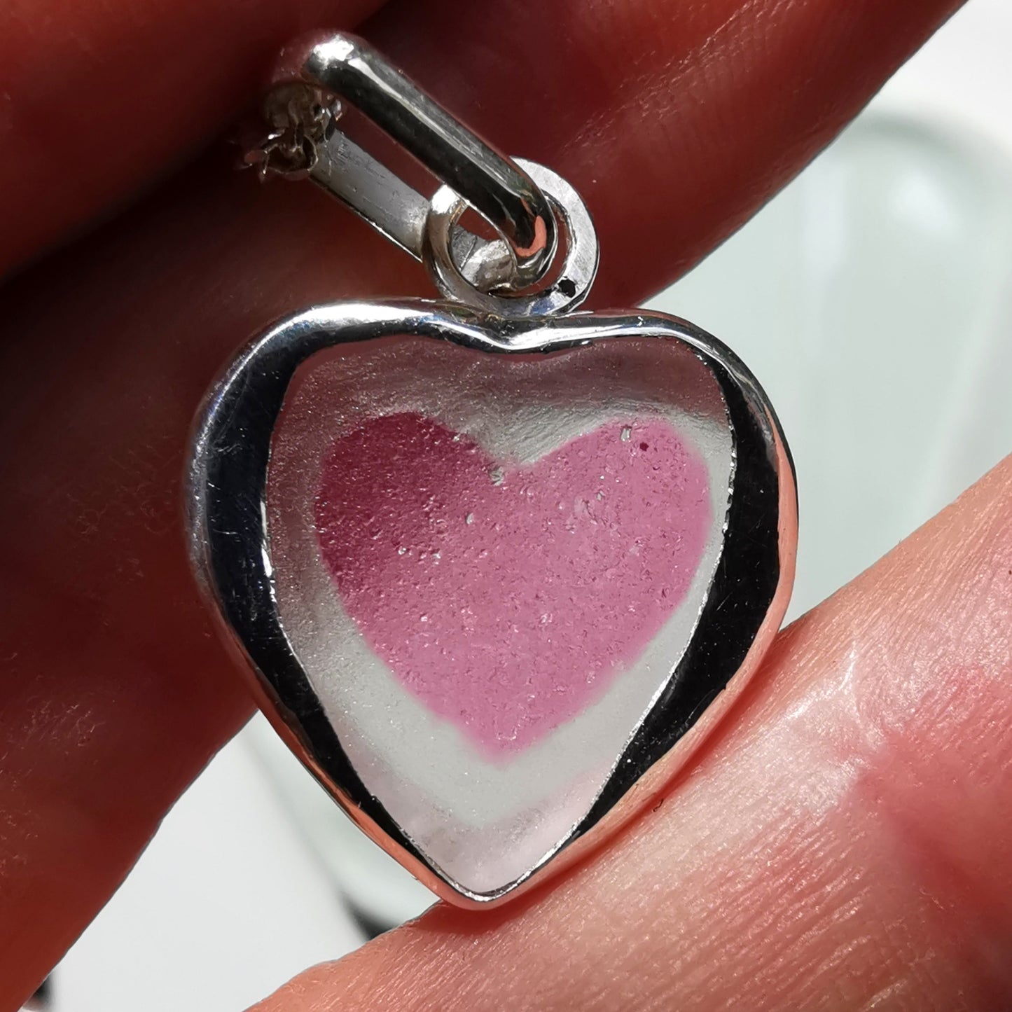 Scottish pink sea glass heart & sterling silver pendant.