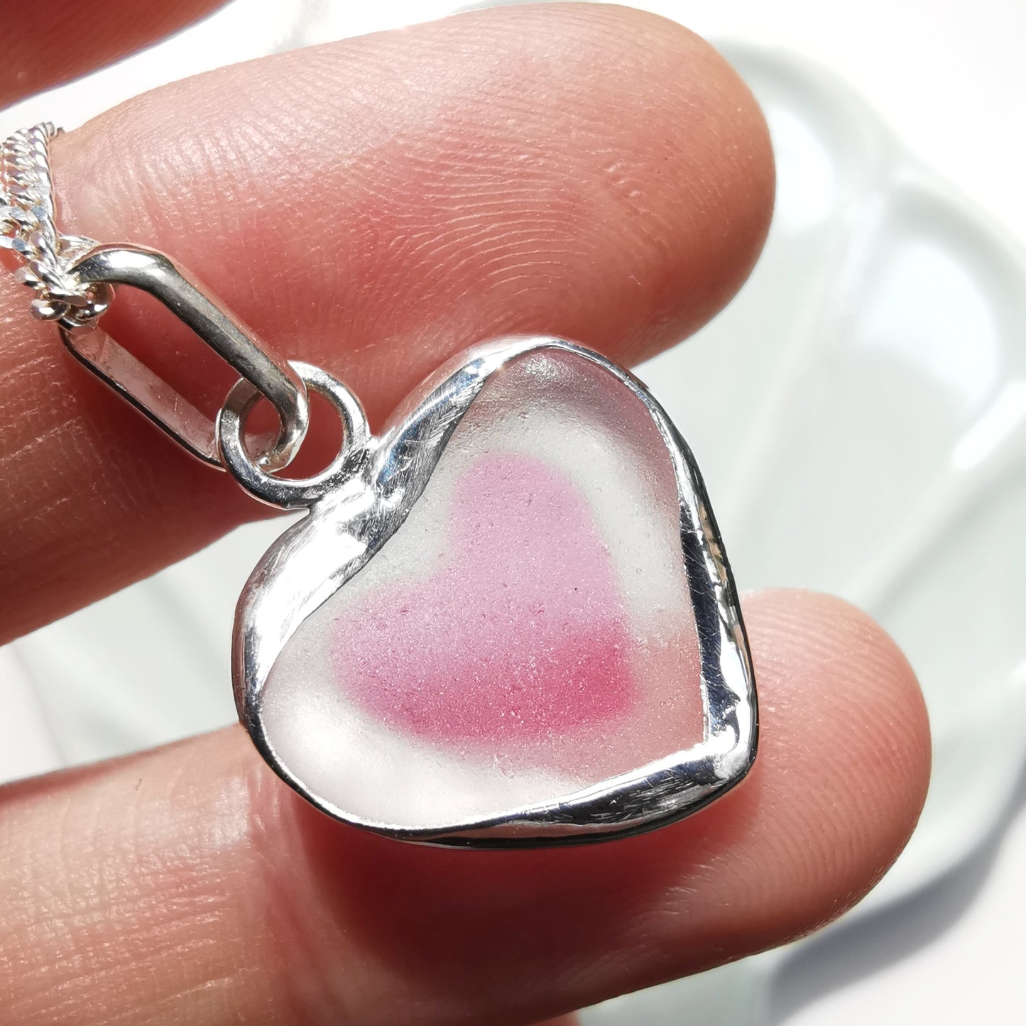 Scottish pink sea glass heart & sterling silver pendant.