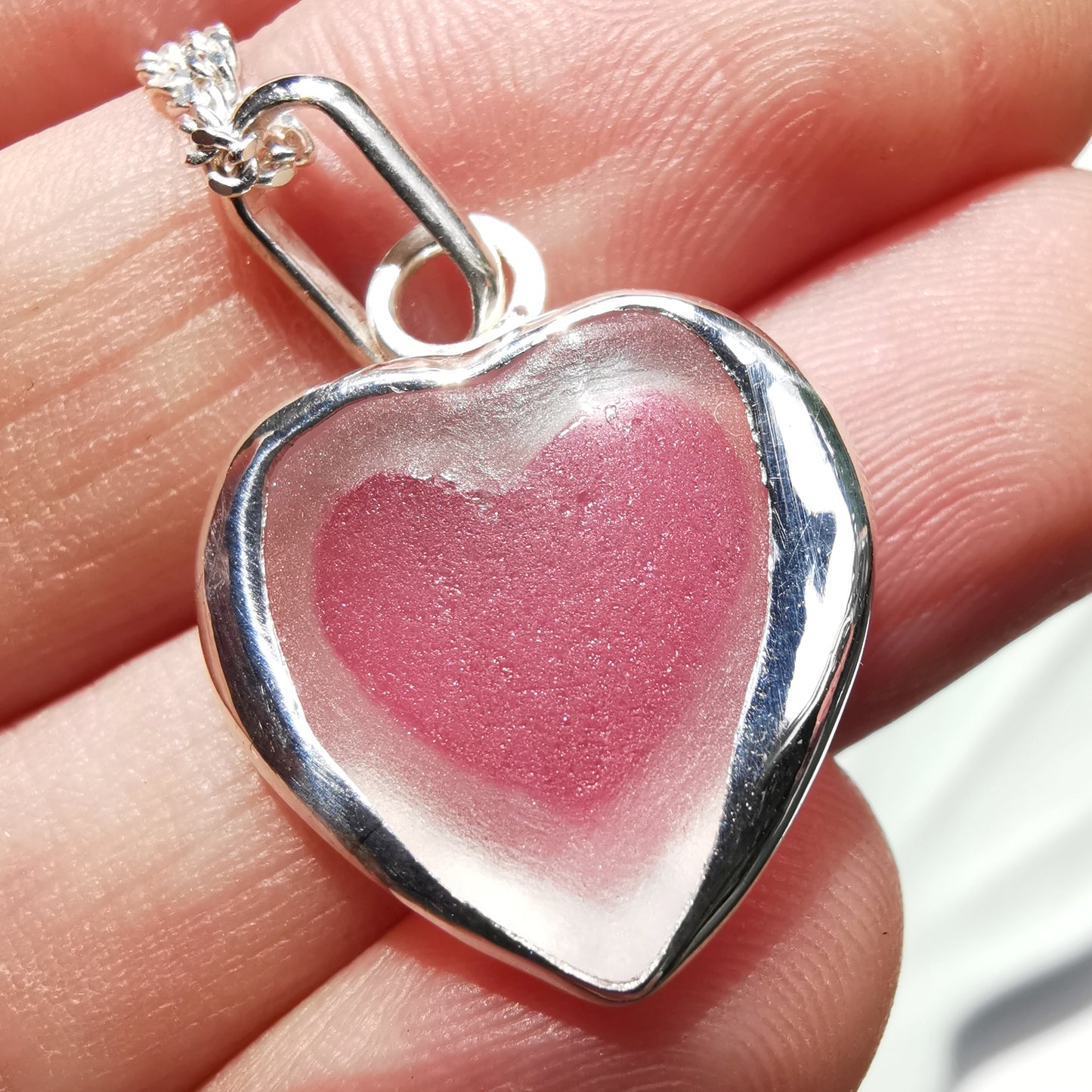 Scottish pink sea glass heart & sterling silver pendant.