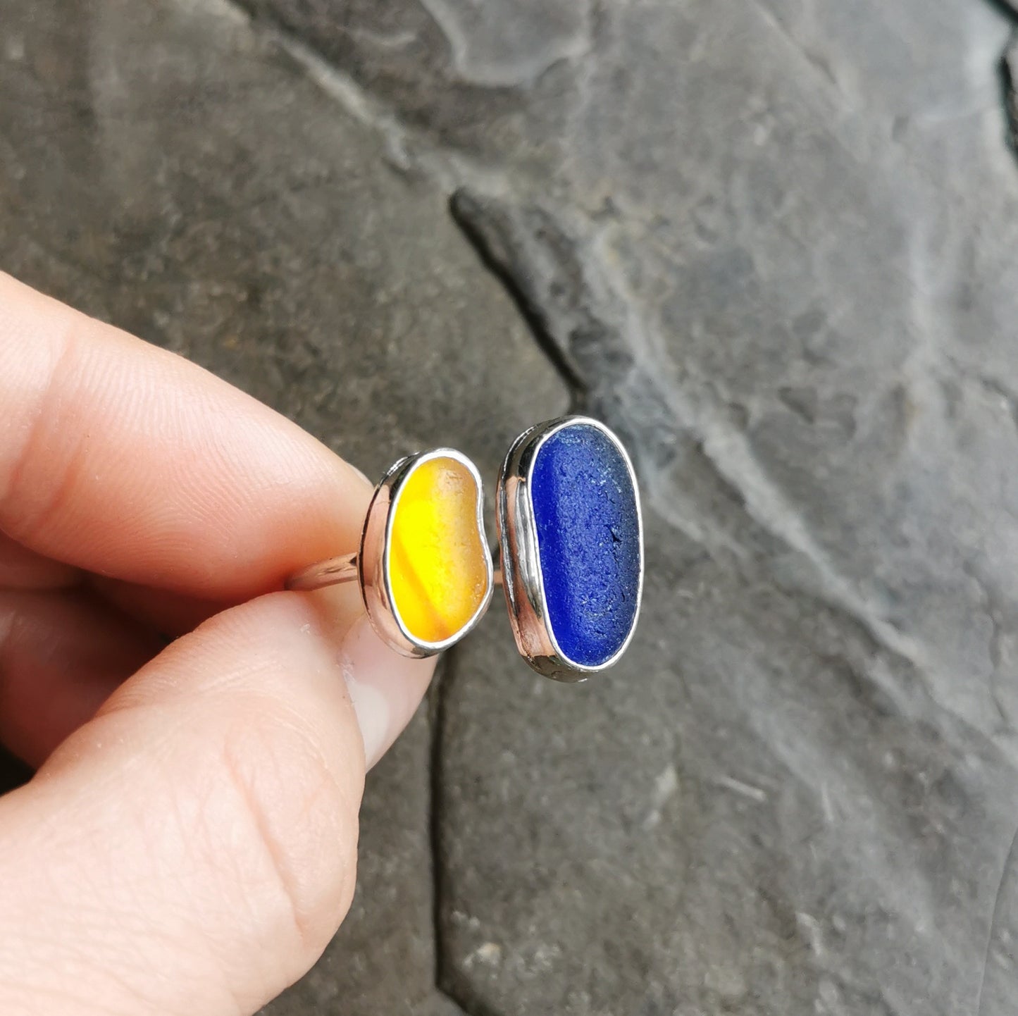 Seaham UV orange and blue sea glass adjustable silver ring.