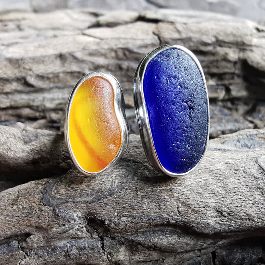 Seaham UV orange and blue sea glass adjustable silver ring.