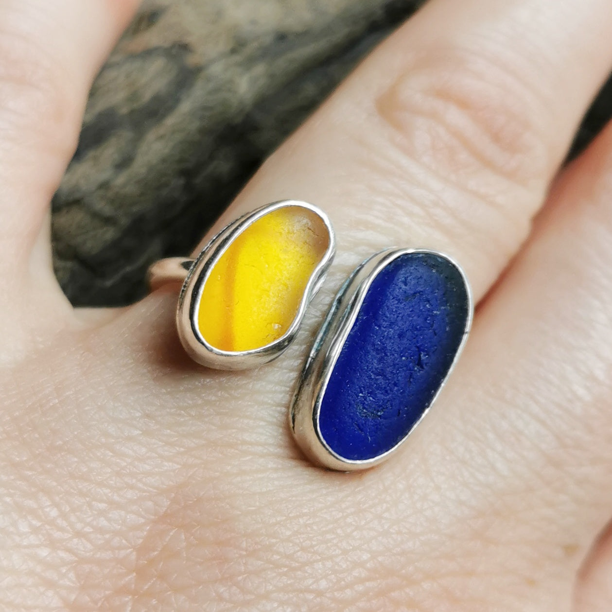 Seaham UV orange and blue sea glass adjustable silver ring.