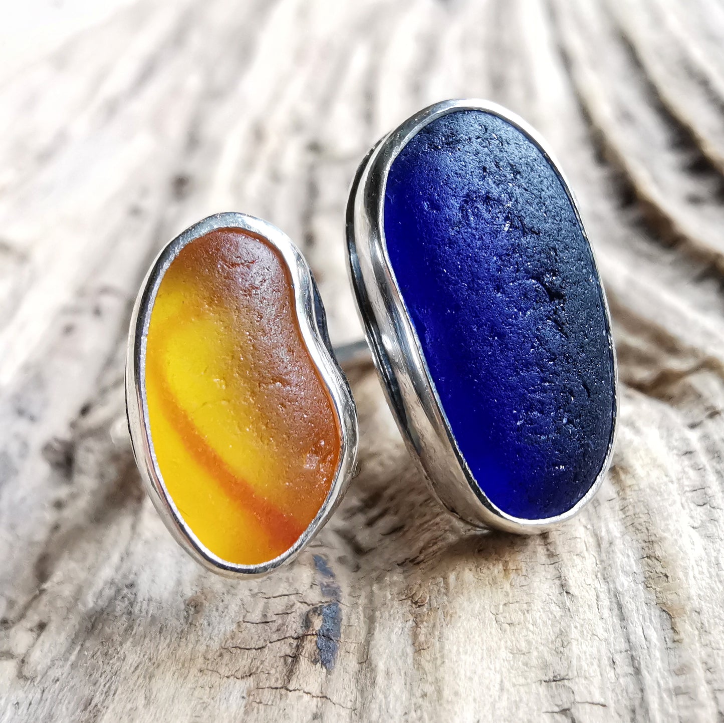 Seaham UV orange and blue sea glass adjustable silver ring.