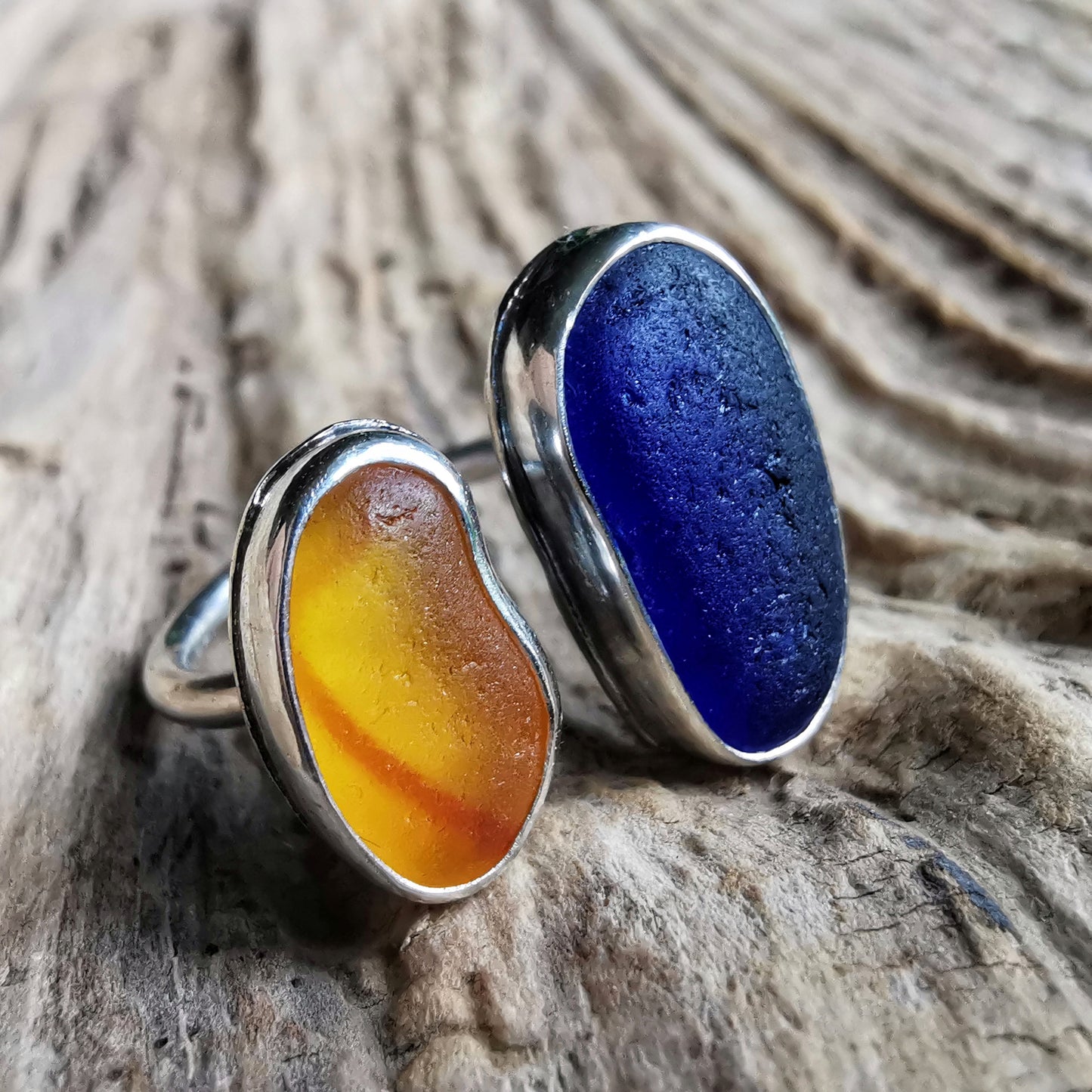 Seaham UV orange and blue sea glass adjustable silver ring.