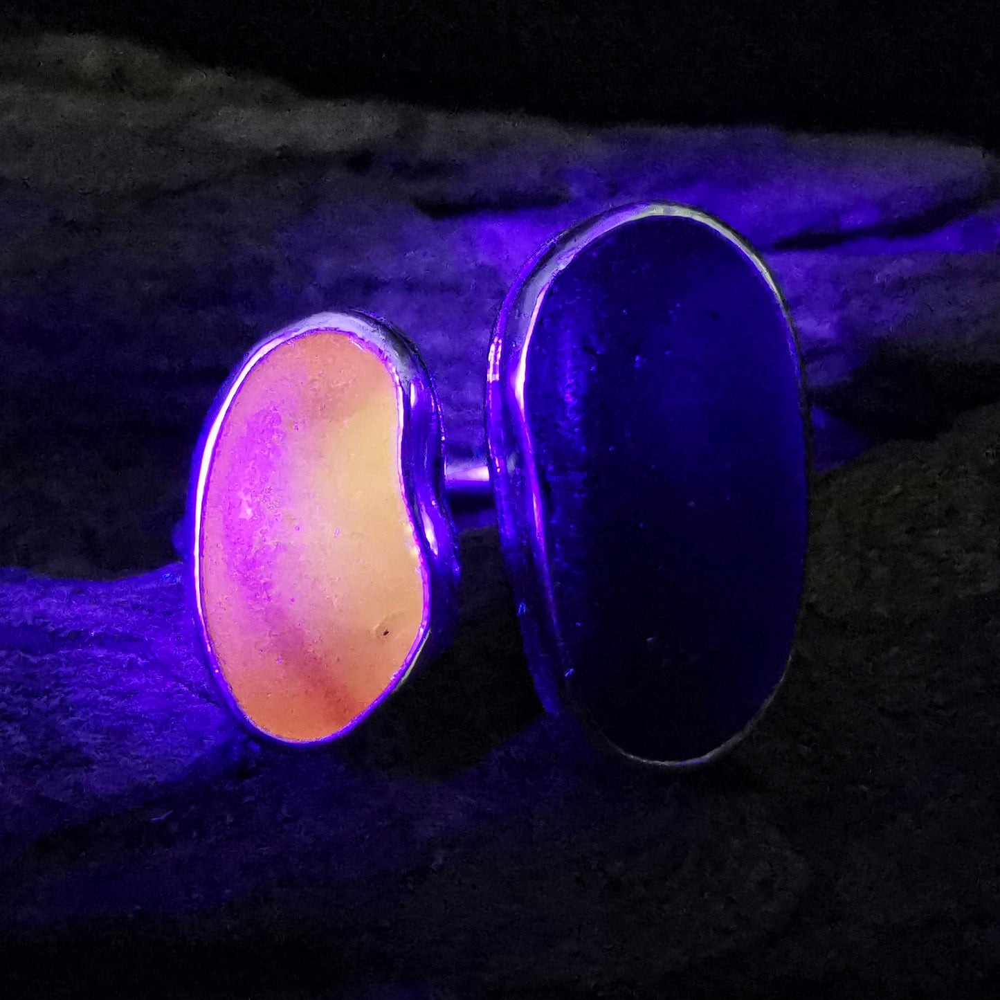 Seaham UV orange and blue sea glass adjustable silver ring.