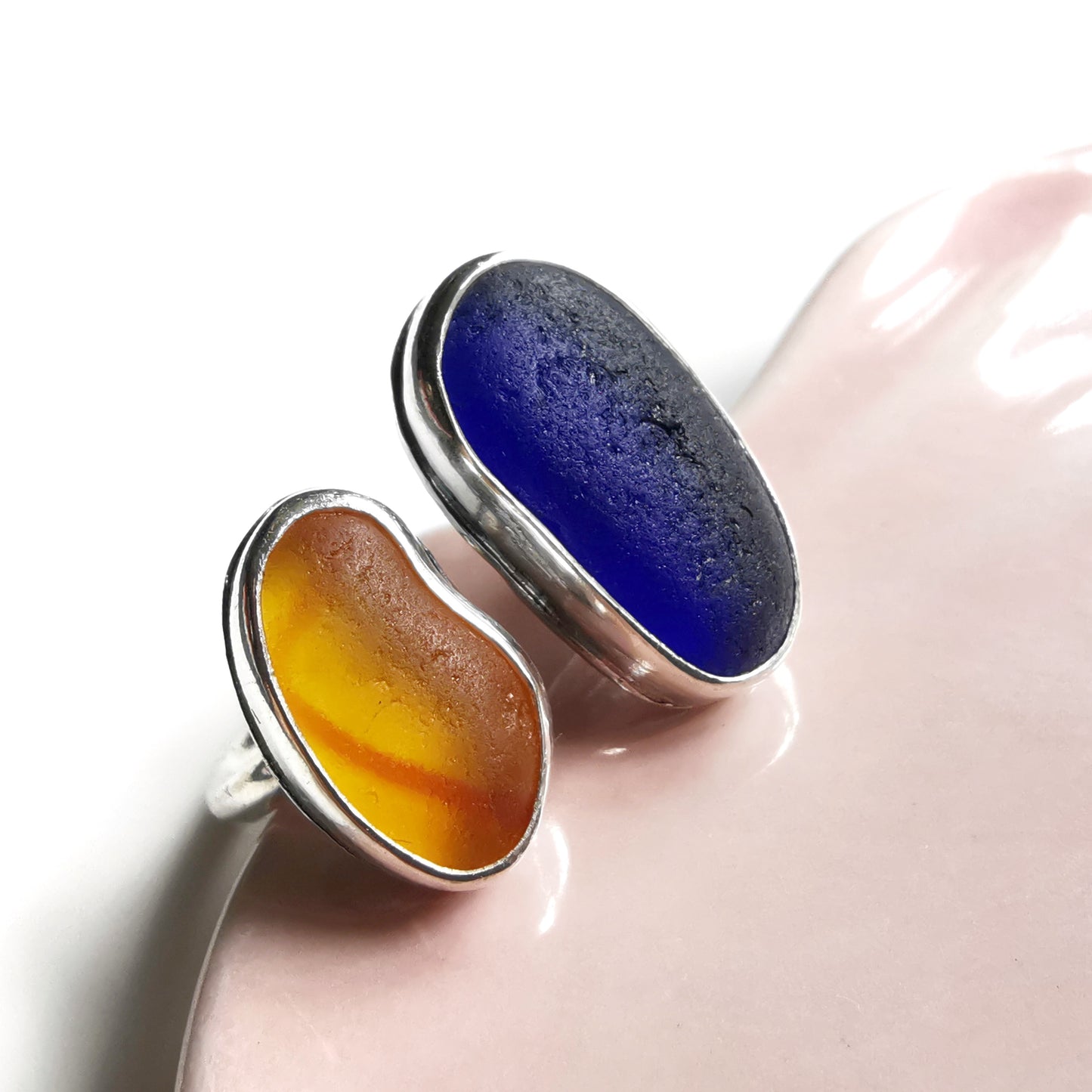 Seaham UV orange and blue sea glass adjustable silver ring.