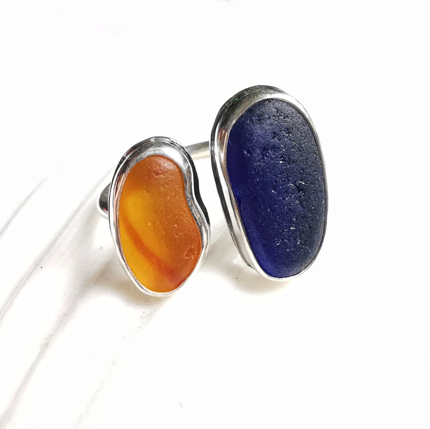 Seaham UV orange and blue sea glass adjustable silver ring.