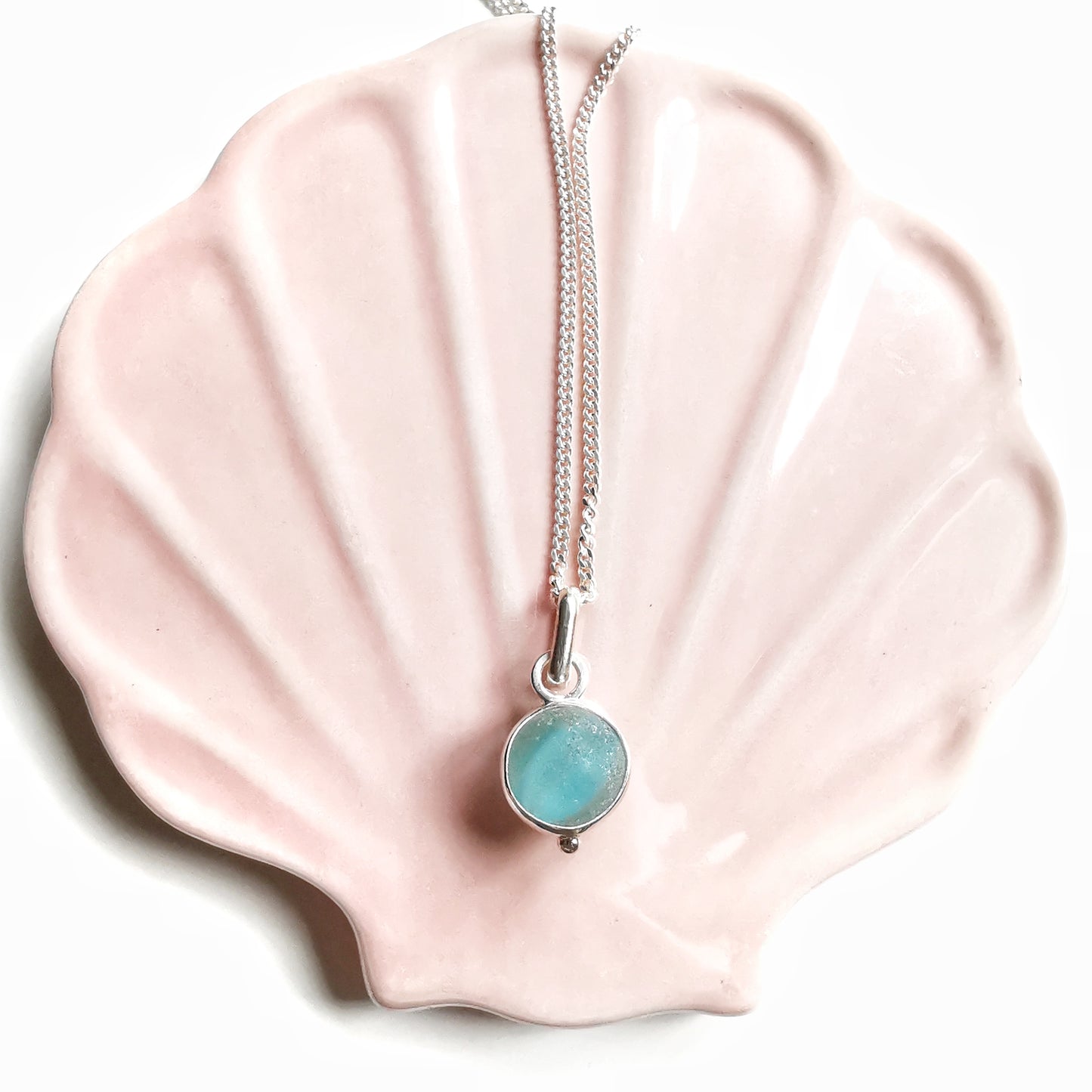 Tiny Seaham aqua blue sea glass marble & sterling silver pendant.