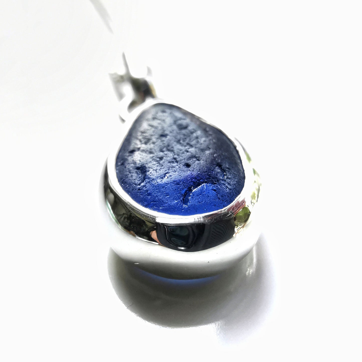 Seaham blue multi sea glass & sterling silver pendant.