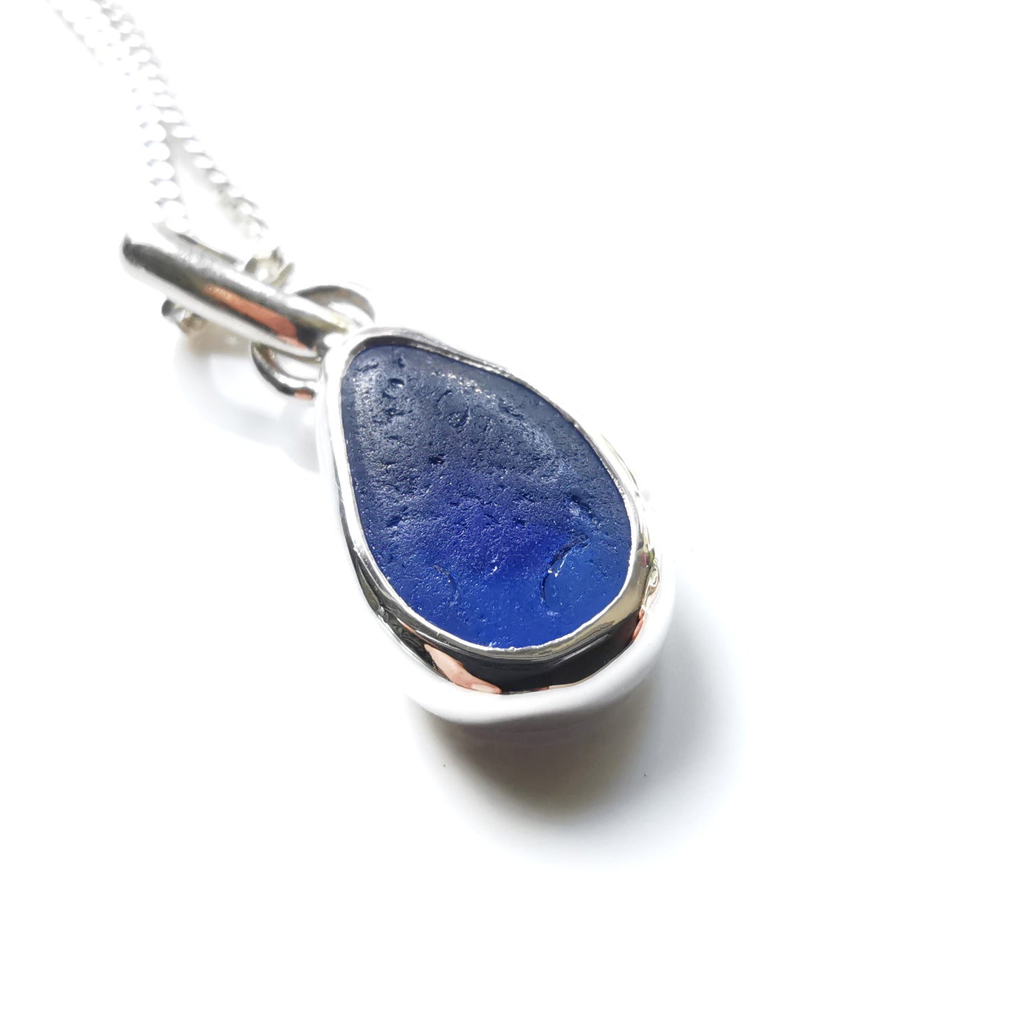 Seaham blue multi sea glass & sterling silver pendant.