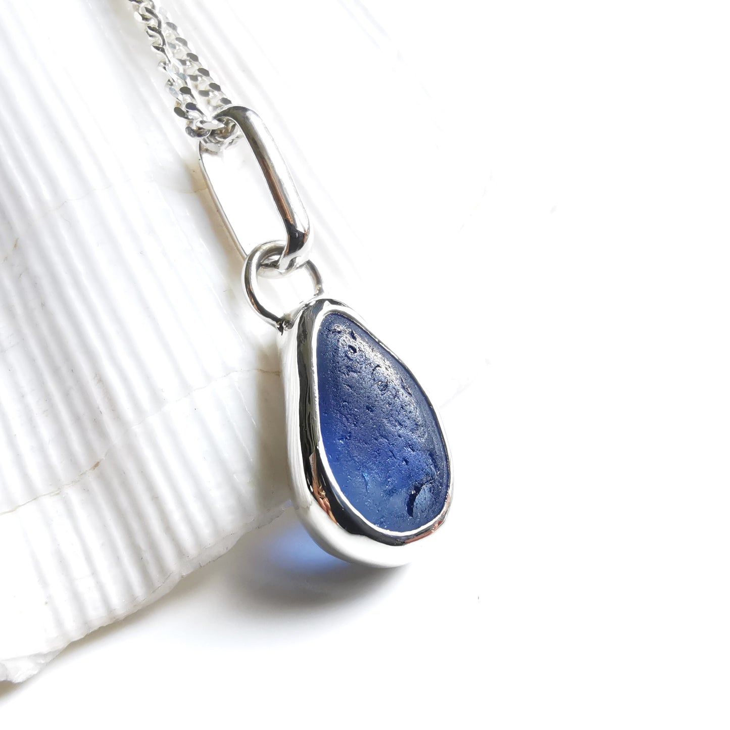 Seaham blue multi sea glass & sterling silver pendant.