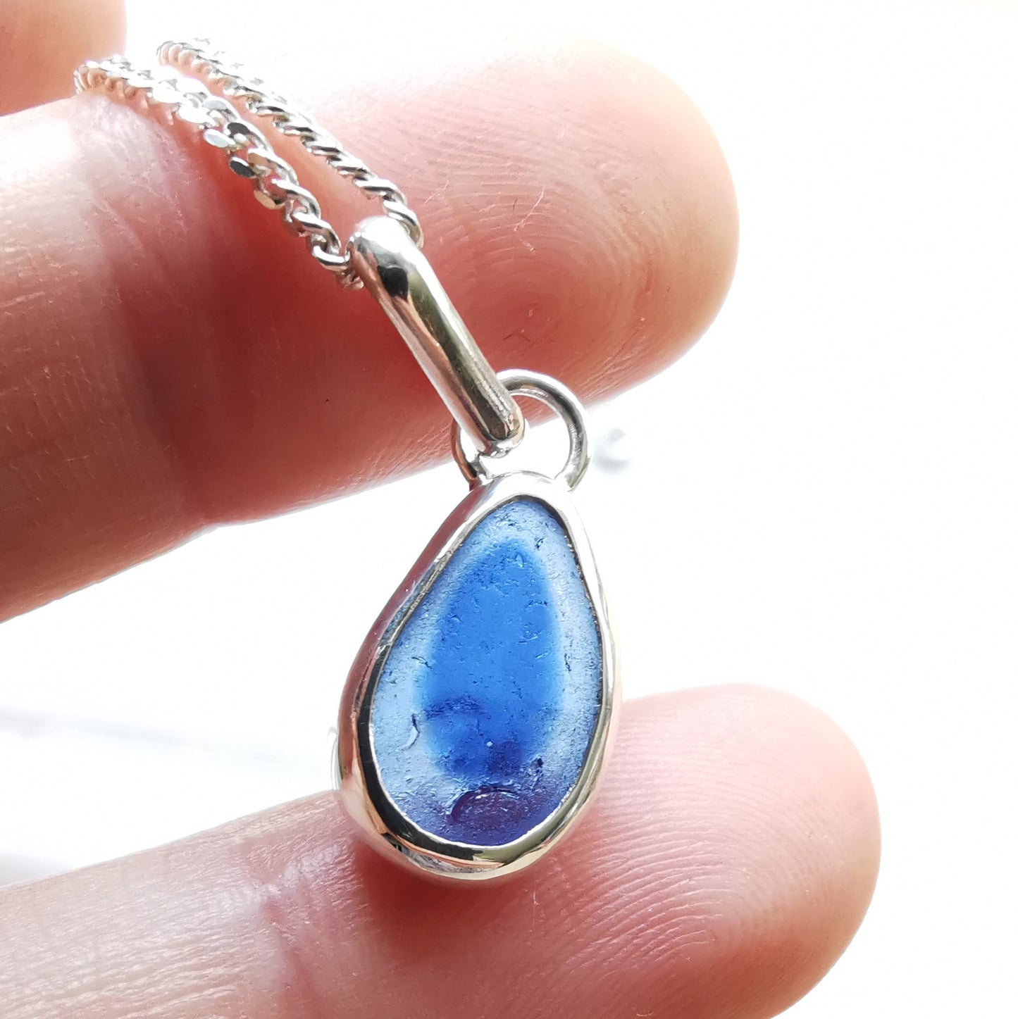 Seaham blue multi sea glass & sterling silver pendant.