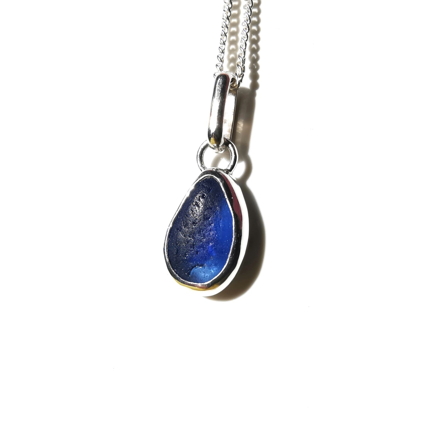 Seaham blue multi sea glass & sterling silver pendant.