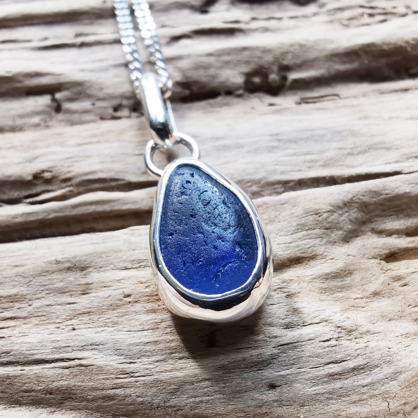 Seaham blue multi sea glass & sterling silver pendant.