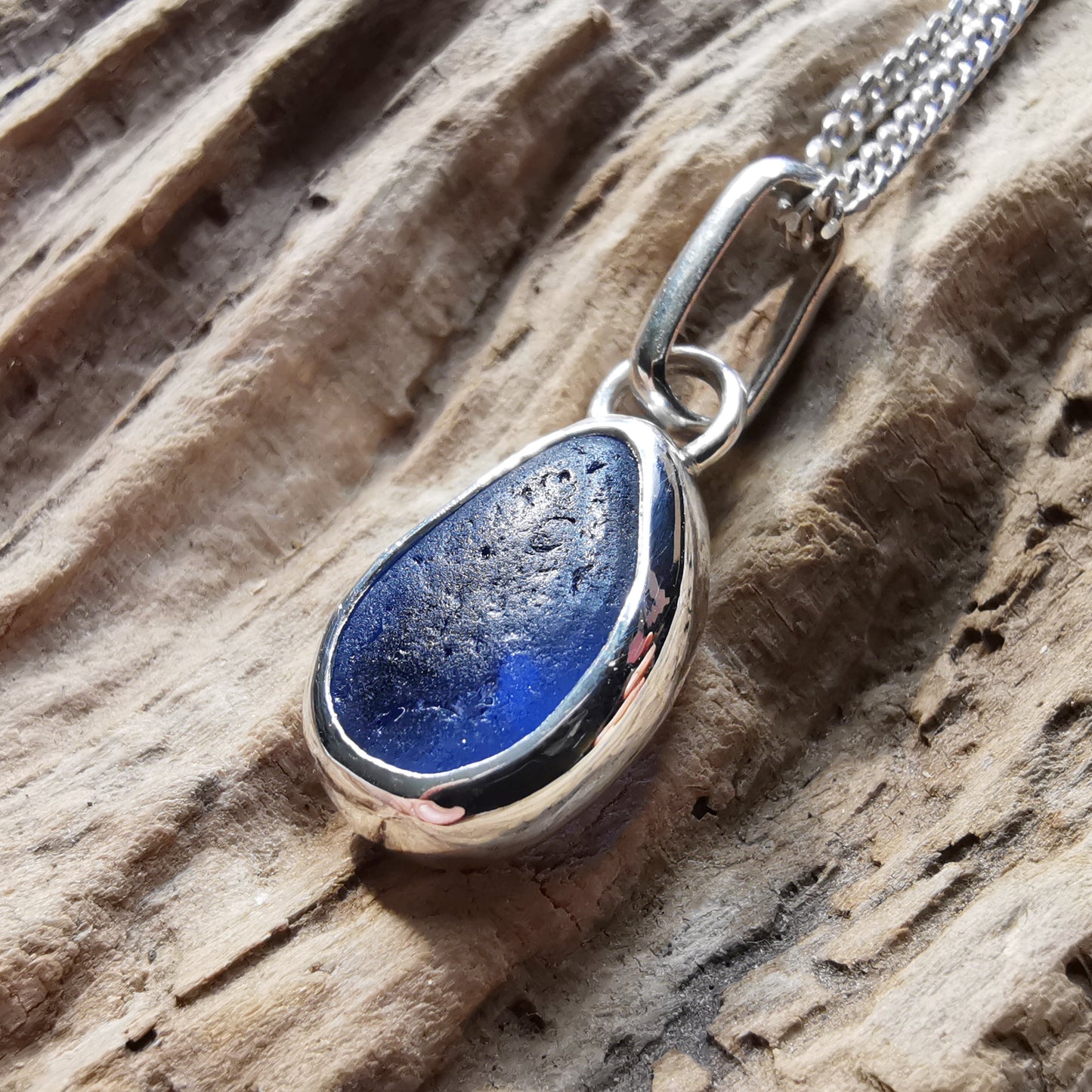 Seaham blue multi sea glass & sterling silver pendant.