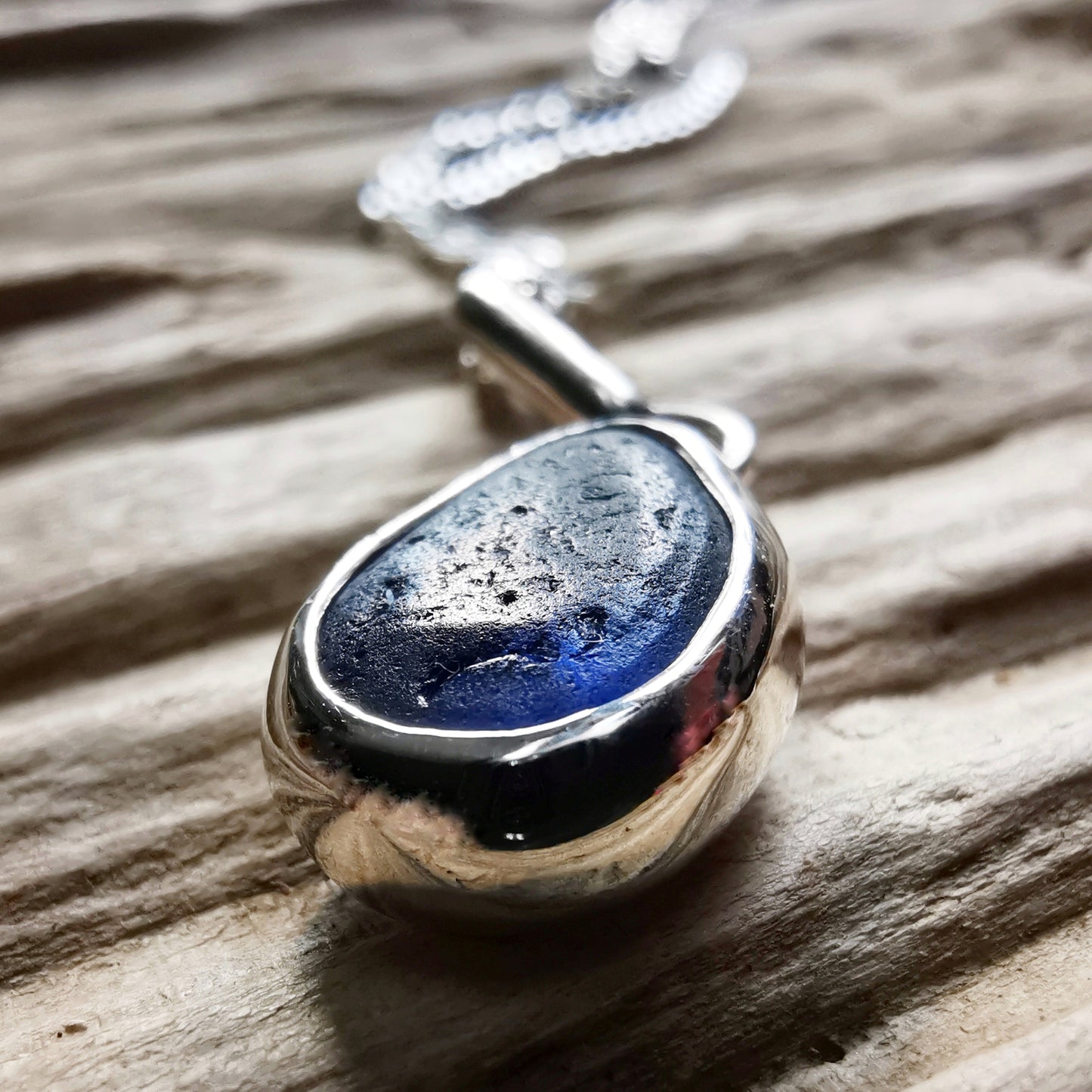 Seaham blue multi sea glass & sterling silver pendant.