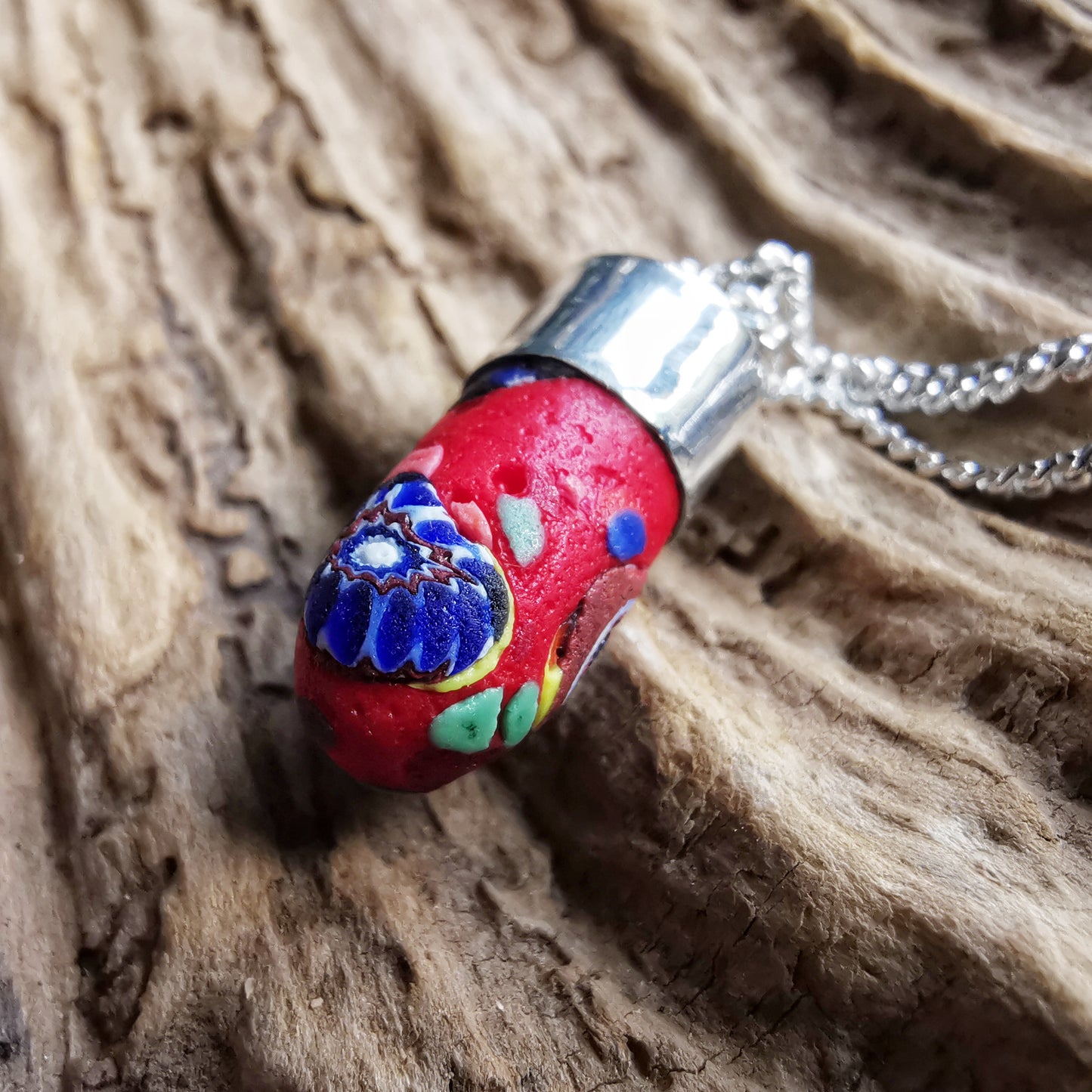 Millefiori sea glass hat pin & sterling silver pendant.