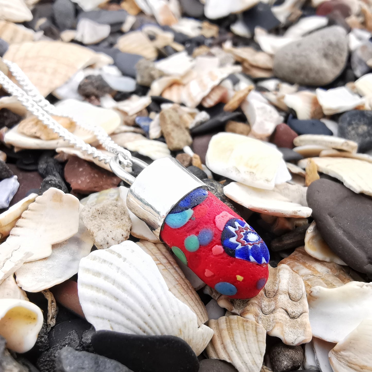 Millefiori sea glass hat pin & sterling silver pendant.