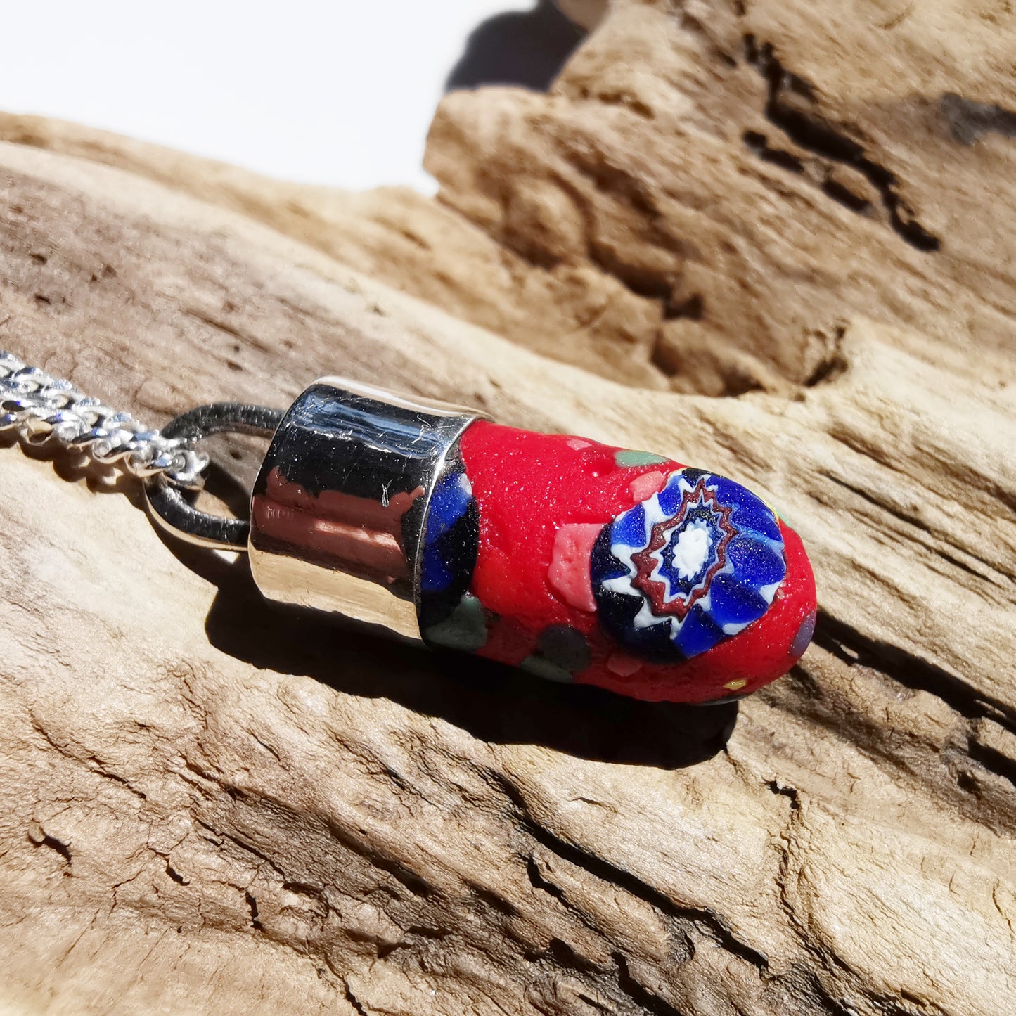 Millefiori sea glass hat pin & sterling silver pendant.