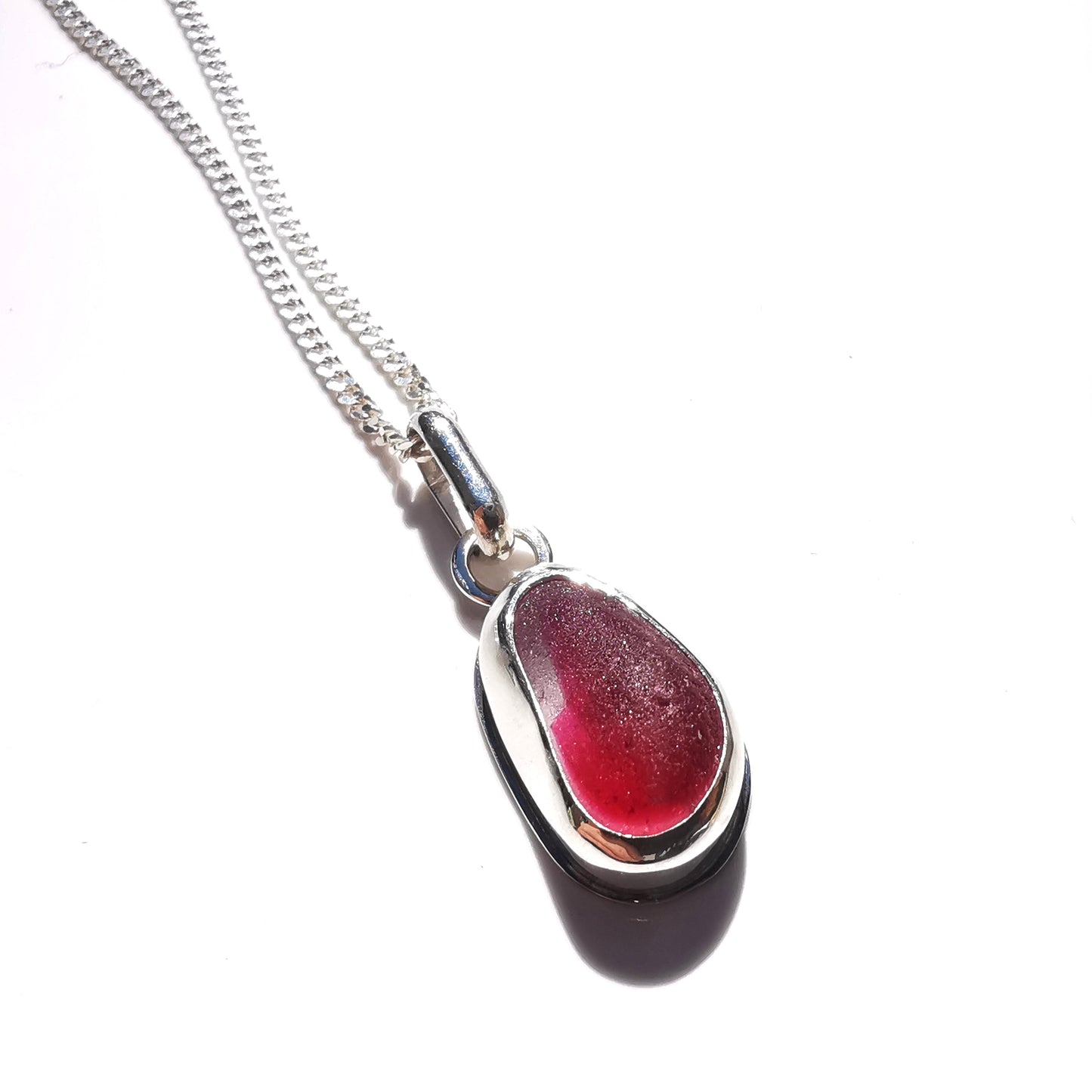 Seaham pink and clear multi sea glass & sterling silver pendant.