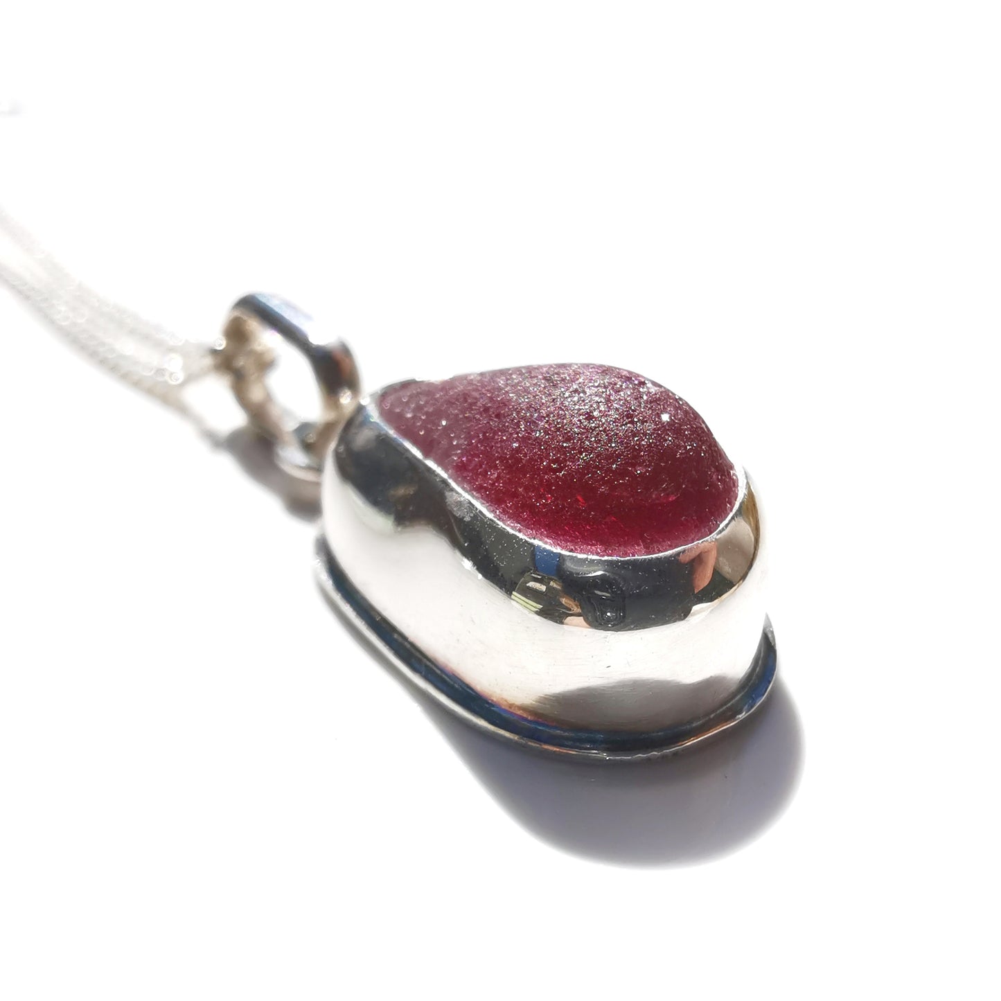 Seaham pink and clear multi sea glass & sterling silver pendant.