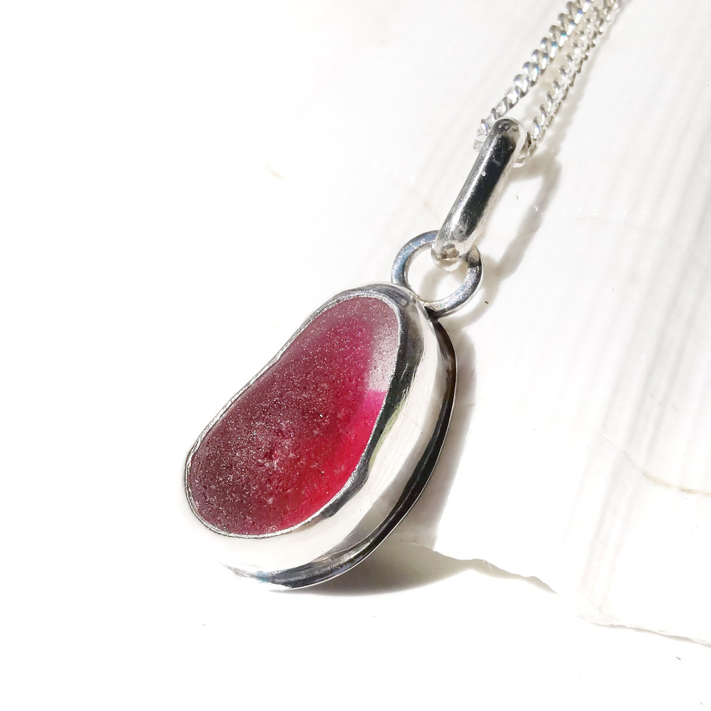 Seaham pink and clear multi sea glass & sterling silver pendant.