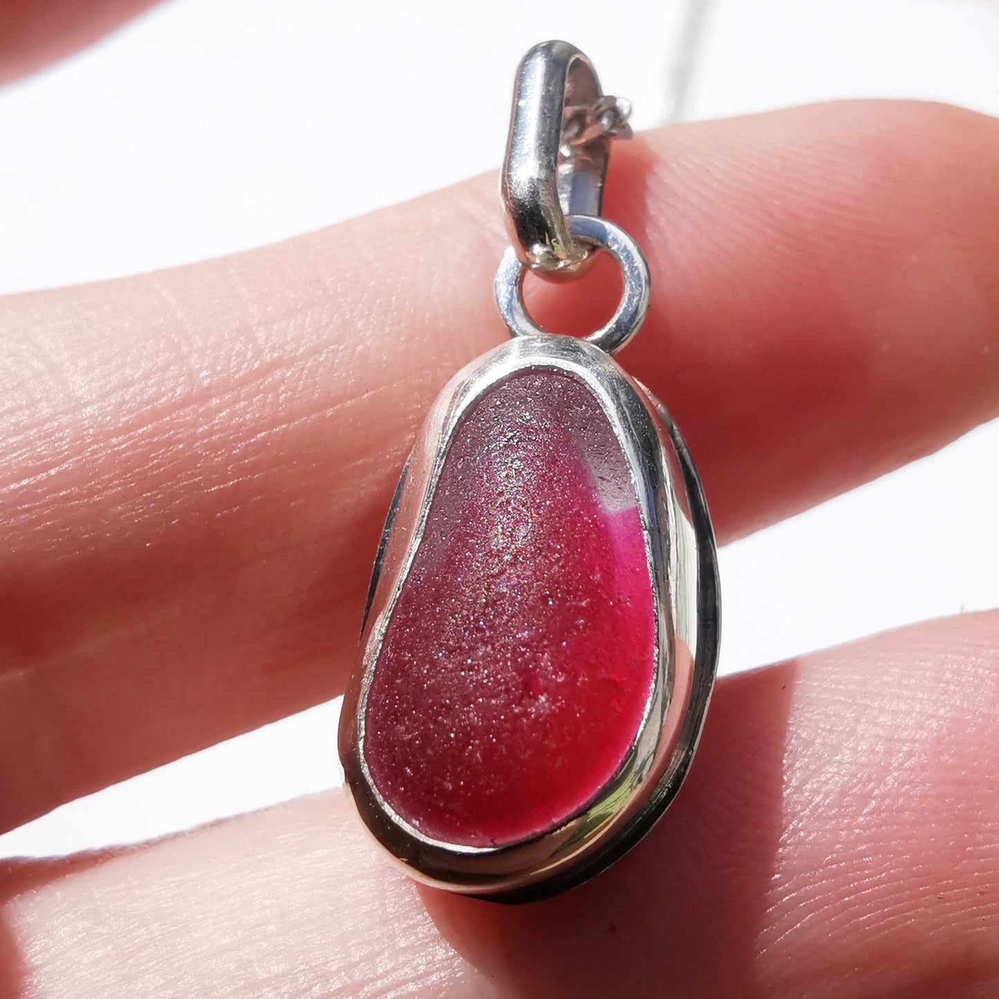 Seaham pink and clear multi sea glass & sterling silver pendant.