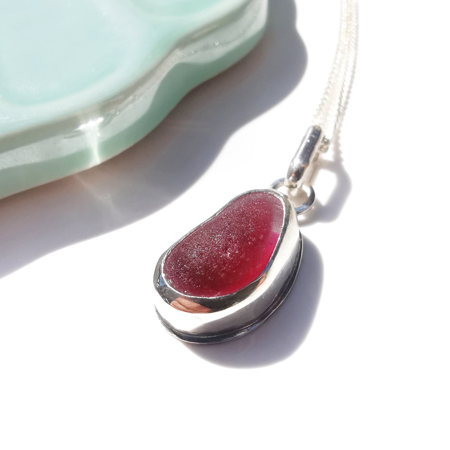 Seaham pink and clear multi sea glass & sterling silver pendant.