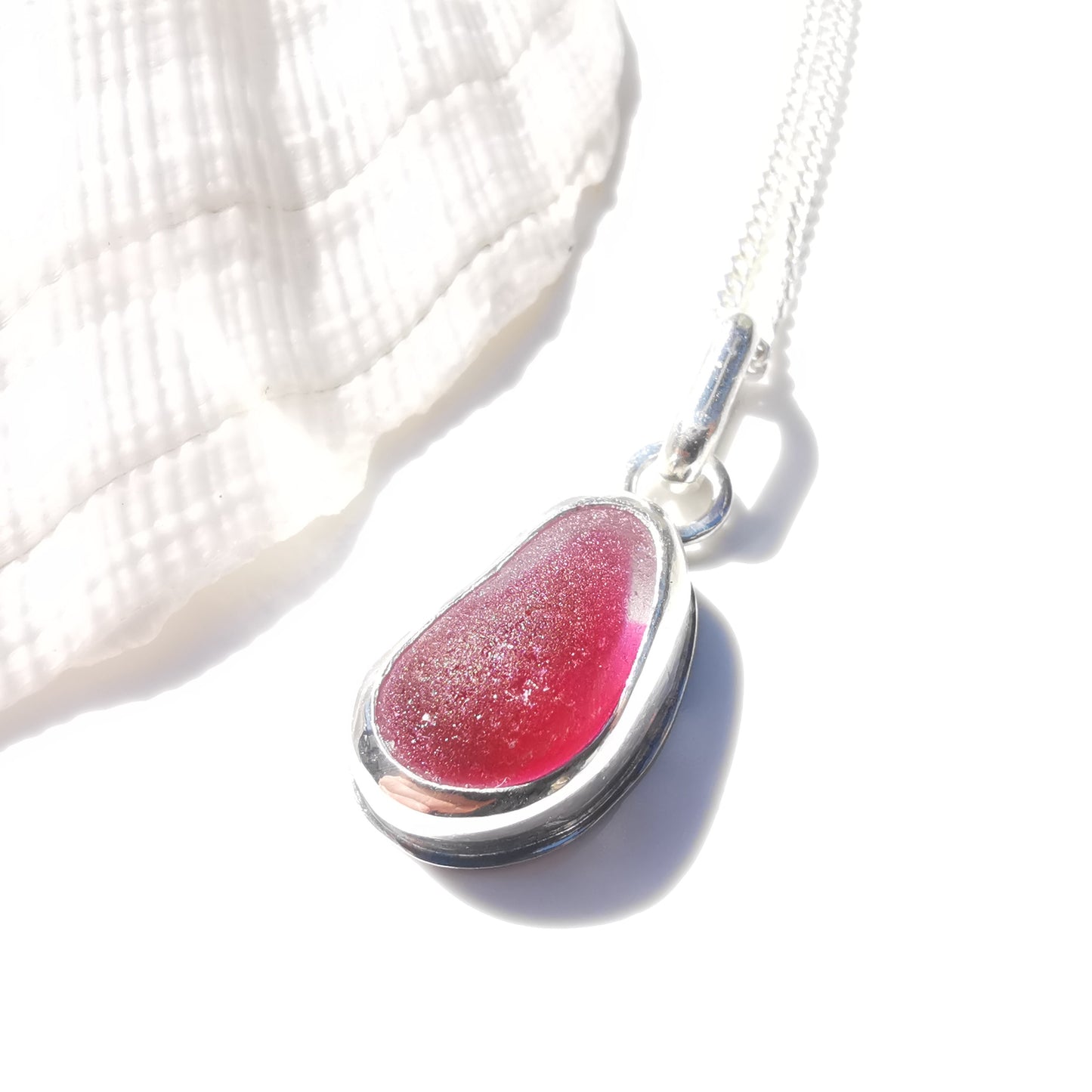 Seaham pink and clear multi sea glass & sterling silver pendant.