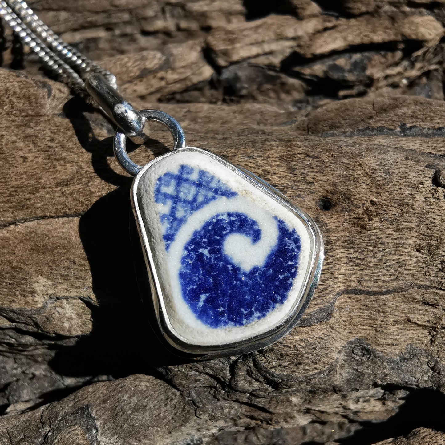 Scottish blue willow pattern 'the wave' beach pottery & sterling silver pendant.