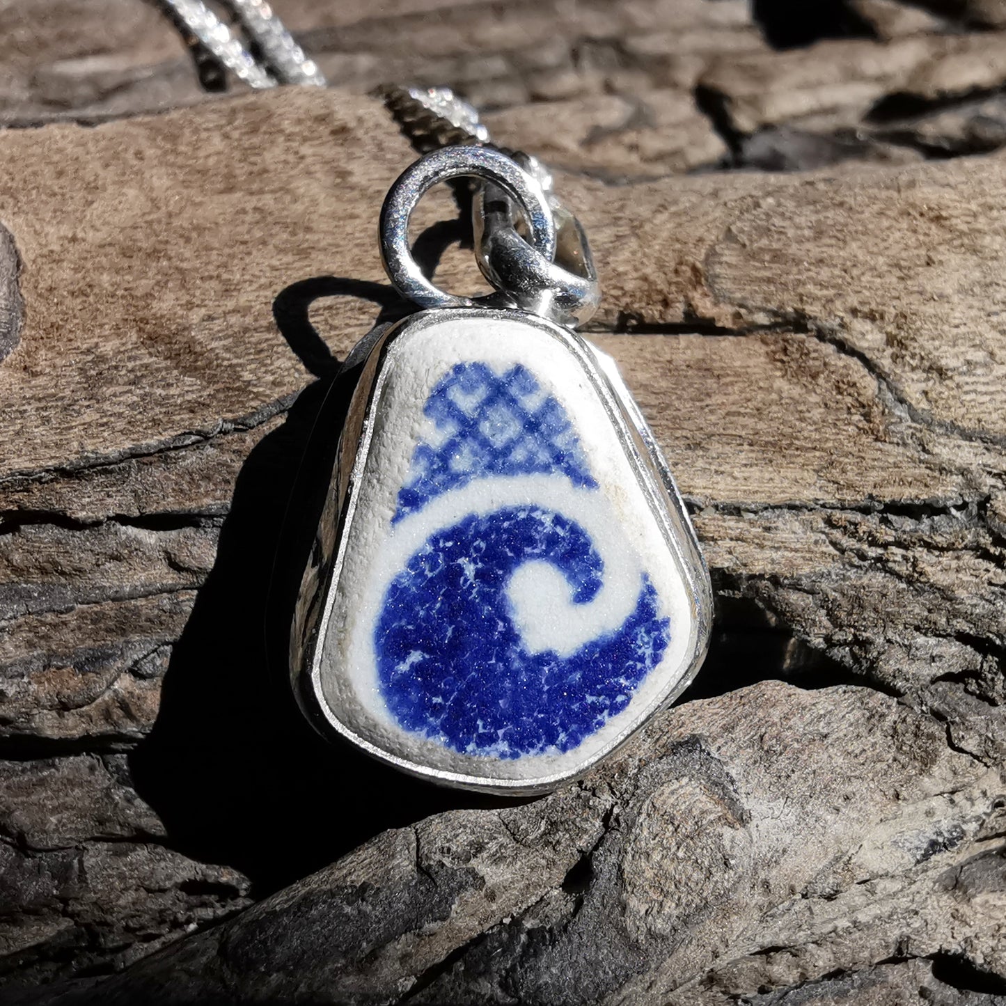 Scottish blue willow pattern 'the wave' beach pottery & sterling silver pendant.