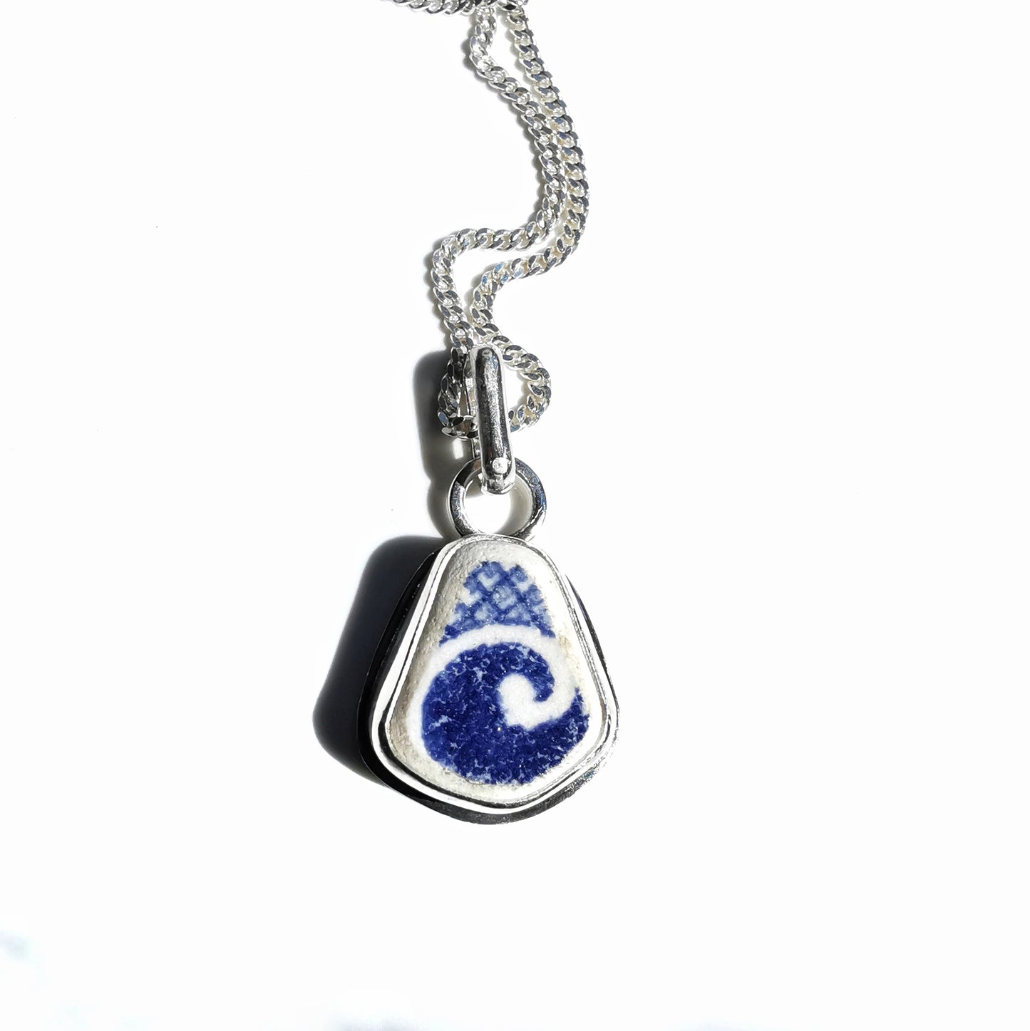 Scottish blue willow pattern 'the wave' beach pottery & sterling silver pendant.