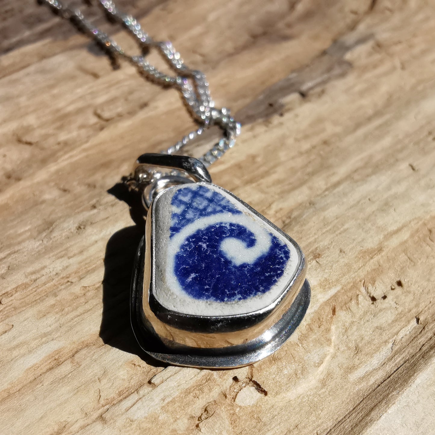 Scottish blue willow pattern 'the wave' beach pottery & sterling silver pendant.