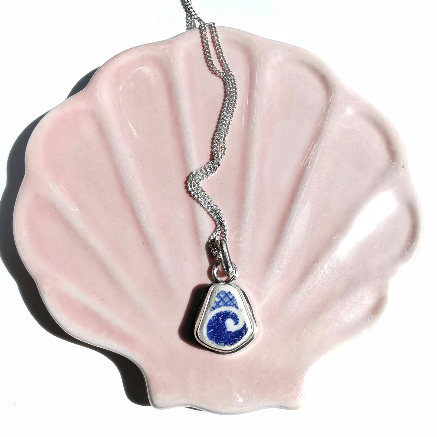 Scottish blue willow pattern 'the wave' beach pottery & sterling silver pendant.