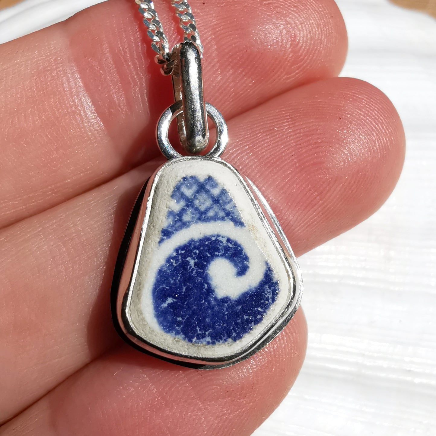 Scottish blue willow pattern 'the wave' beach pottery & sterling silver pendant.