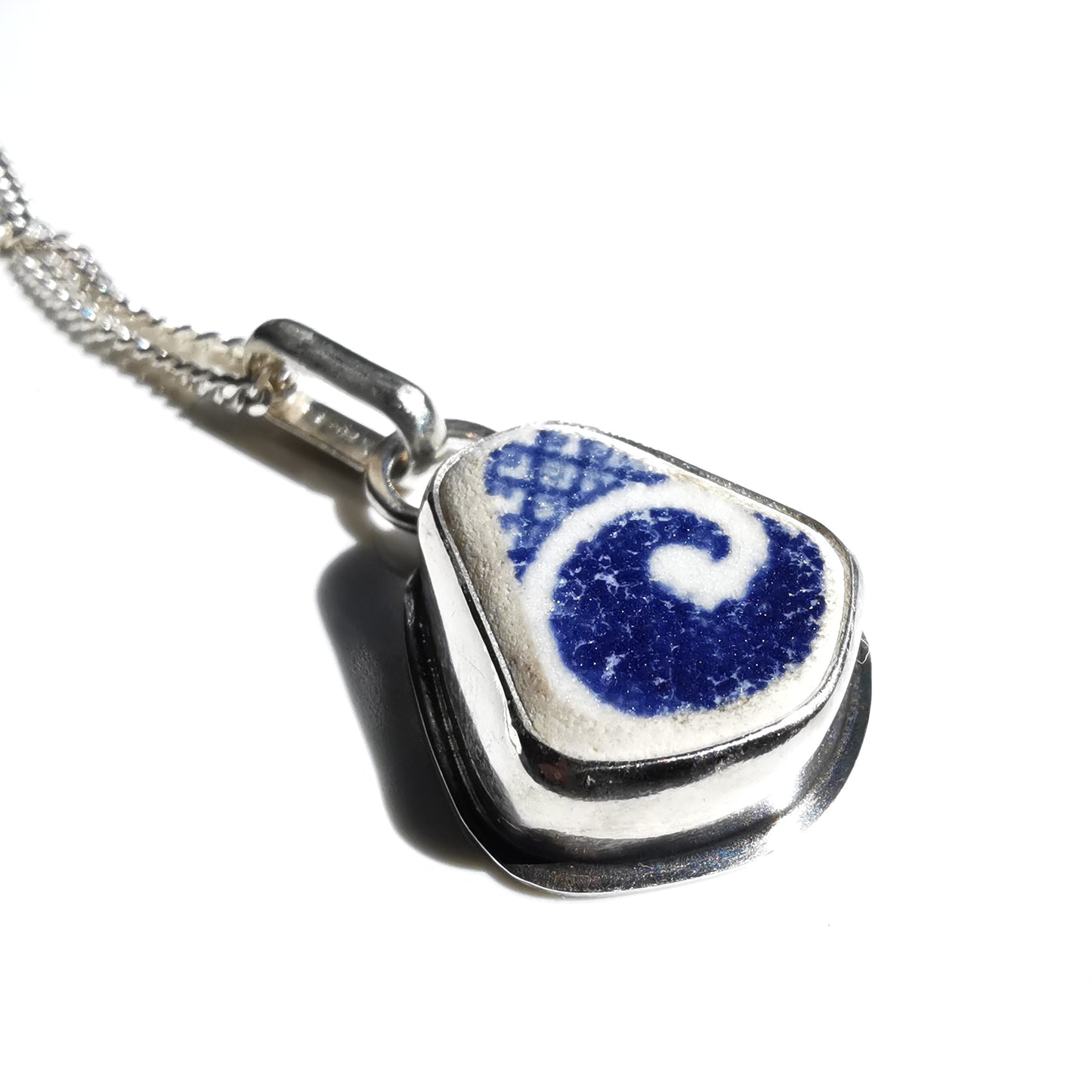 Scottish blue willow pattern 'the wave' beach pottery & sterling silver pendant.