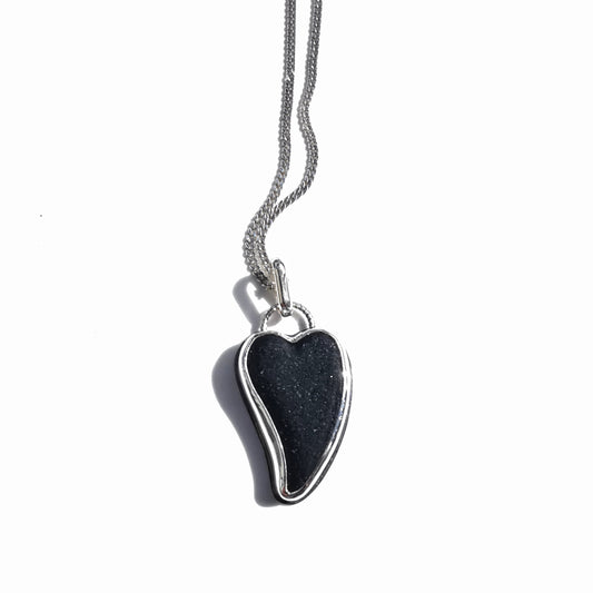 Scottish black sea glass heart & sterling silver pendant.